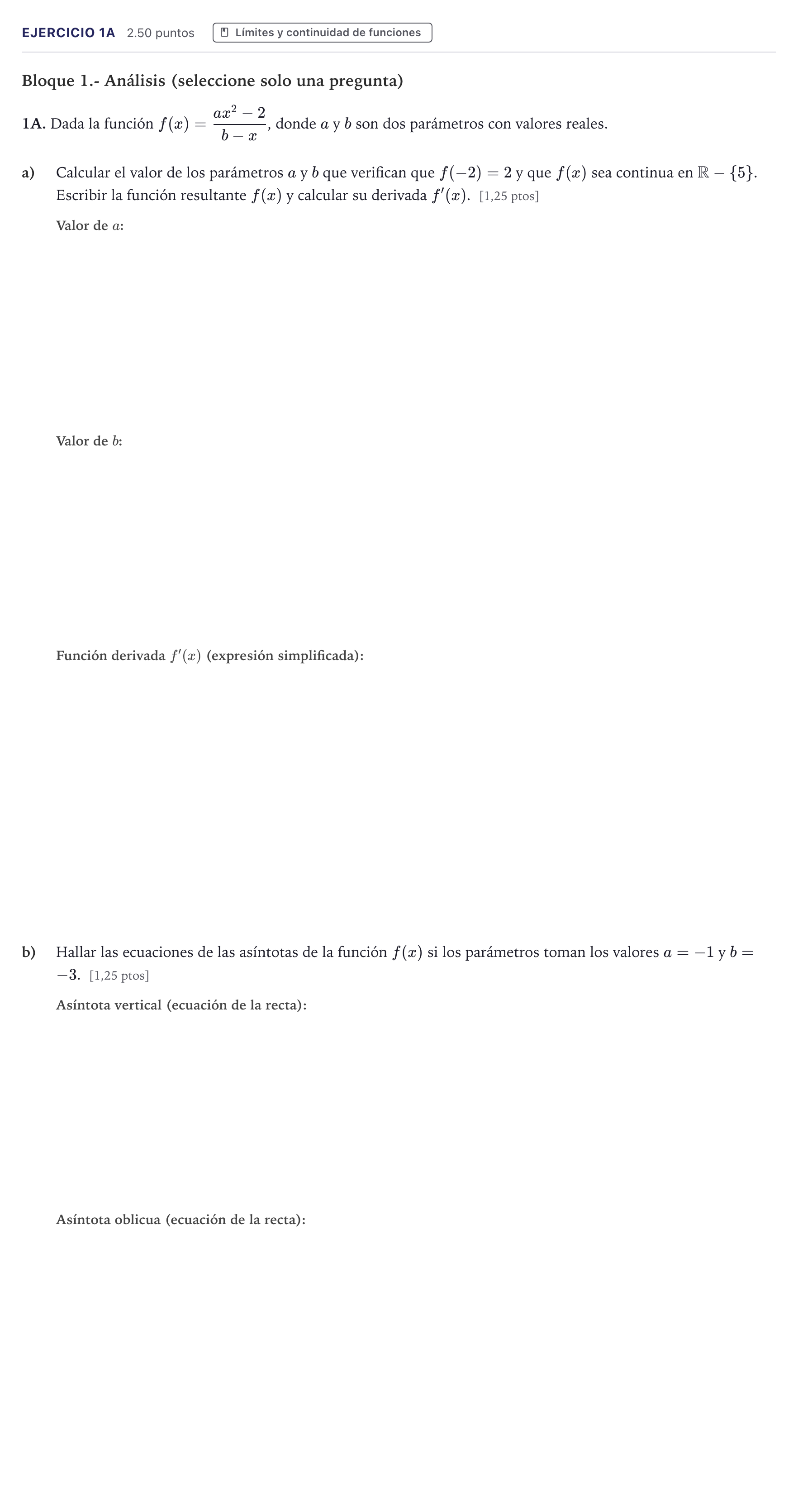 Enunciado: Ejercicio 1A · Matemáticas II PAU Canarias Junio (Ciencias) 2021