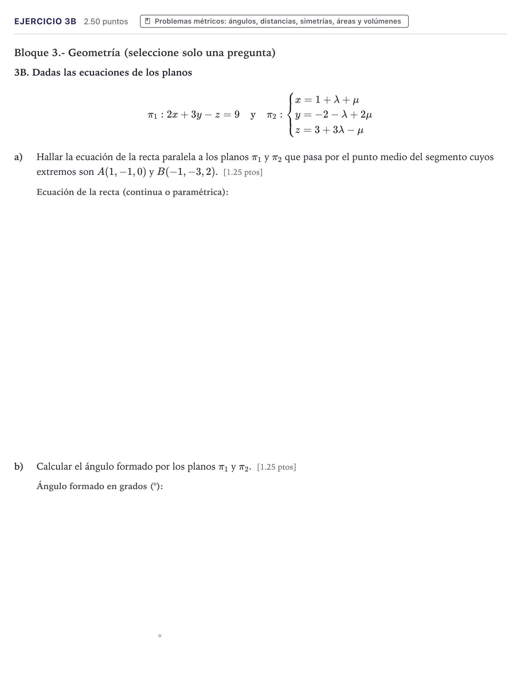 Enunciado: Ejercicio 3B · Matemáticas II PAU Canarias Junio (Ciencias) 2021