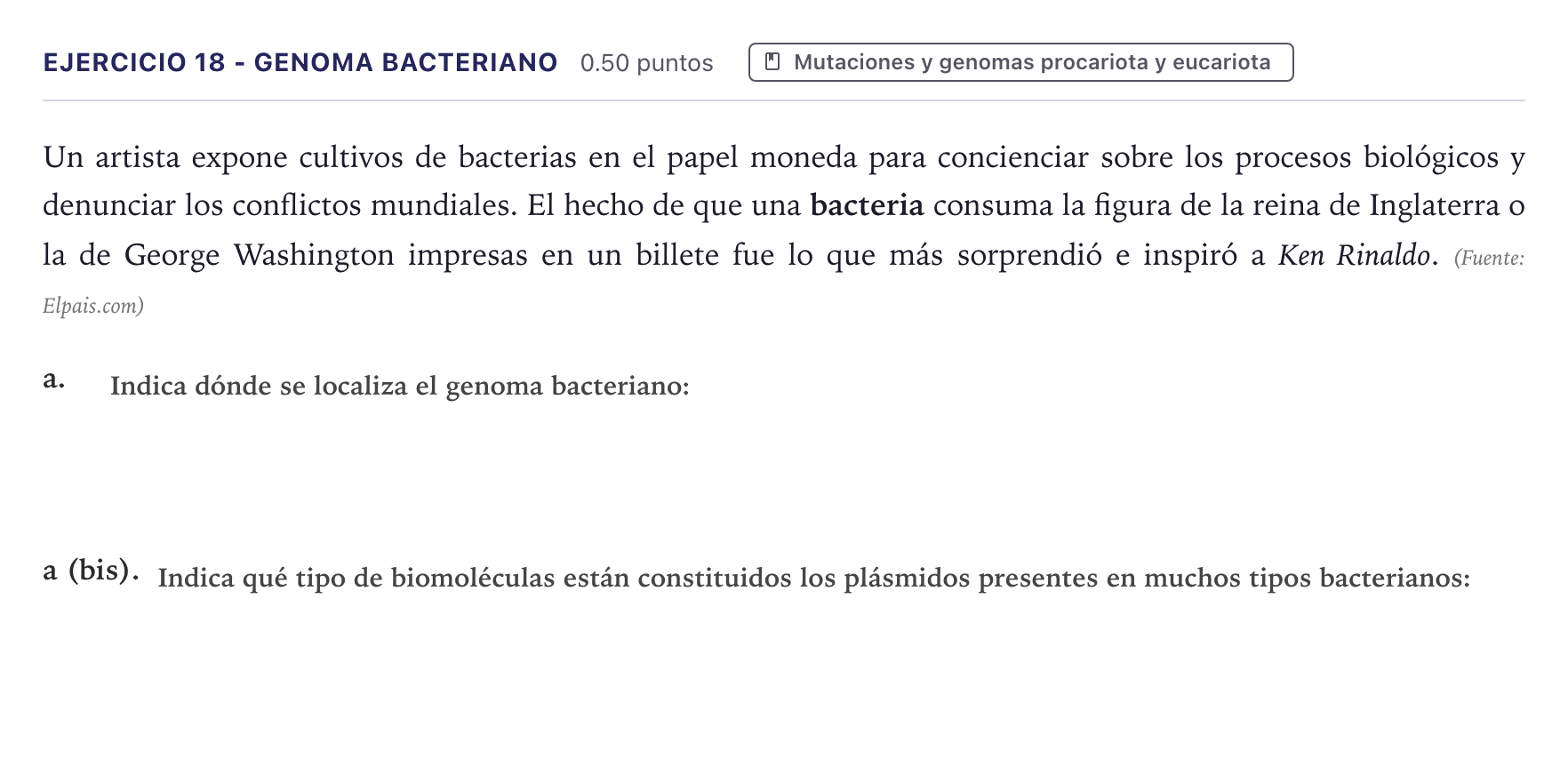 Enunciado: Ejercicio 18 - Genoma bacteriano · Biología PAU Canarias Junio 2021