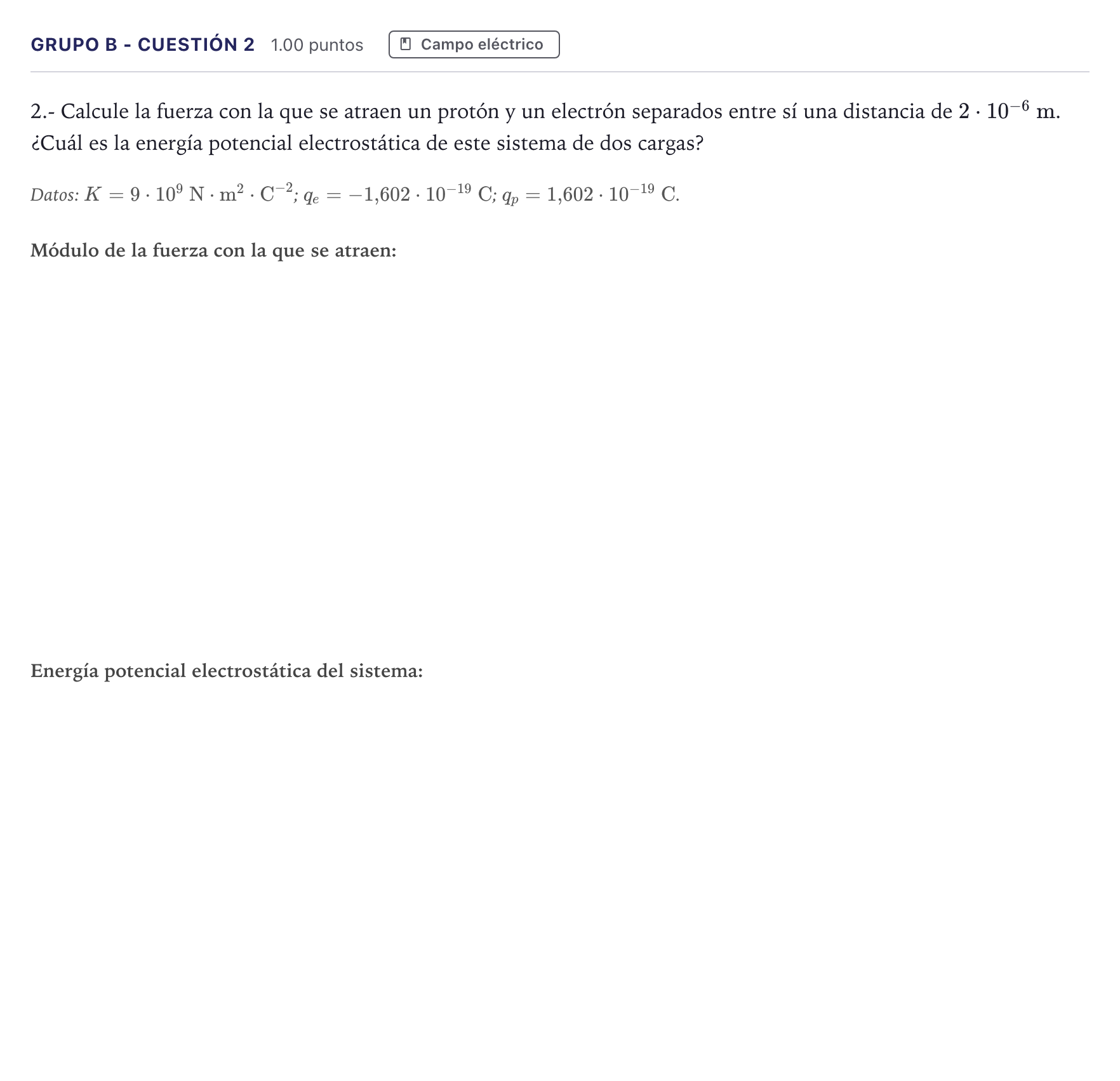 Enunciado: Ejercicio Grupo B - Cuestión 2 · Física PAU Canarias Junio 2021