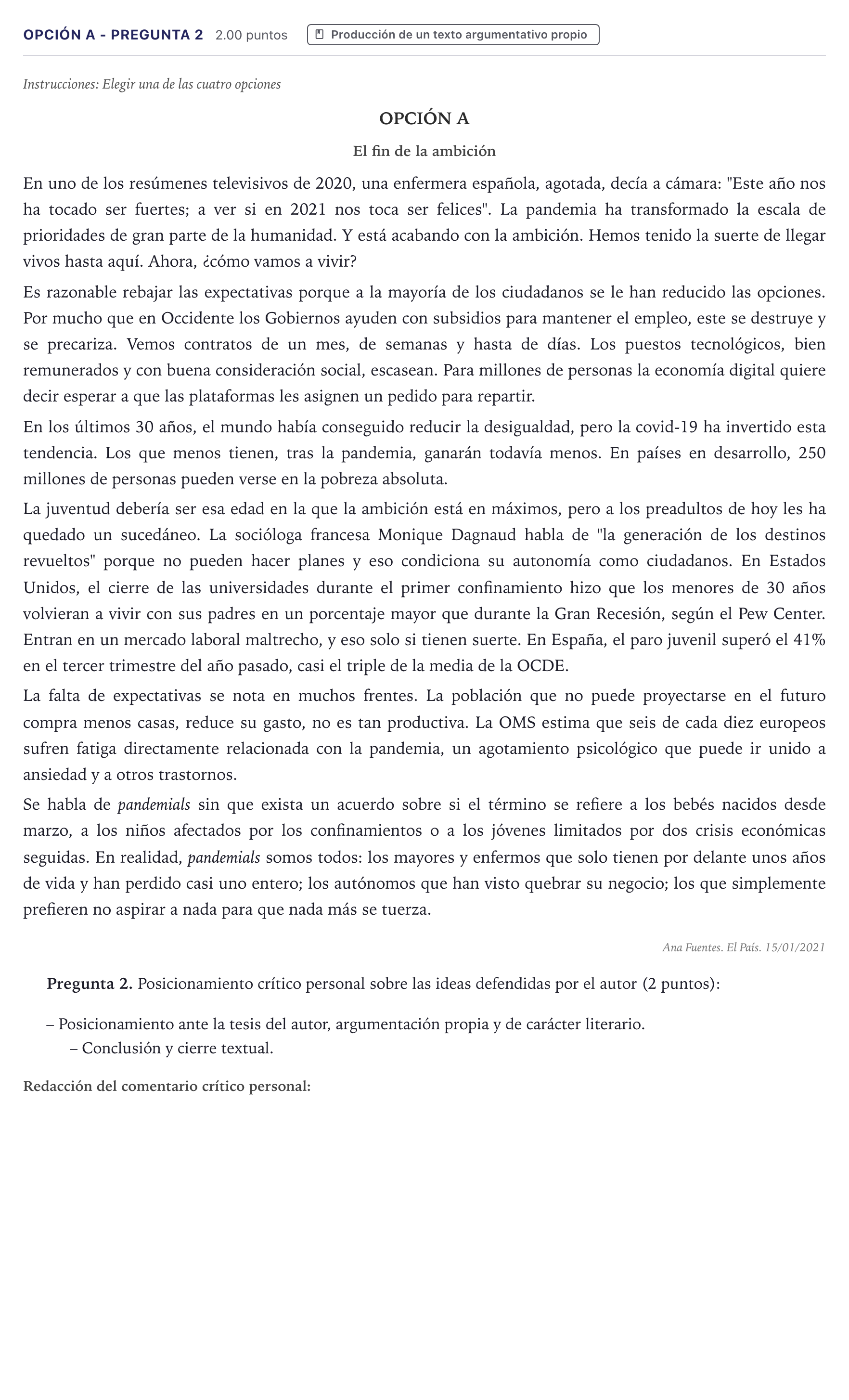 Enunciado: Opción A - Pregunta 2 · Lengua Castellana y Literatura II PAU Canarias Julio 2021