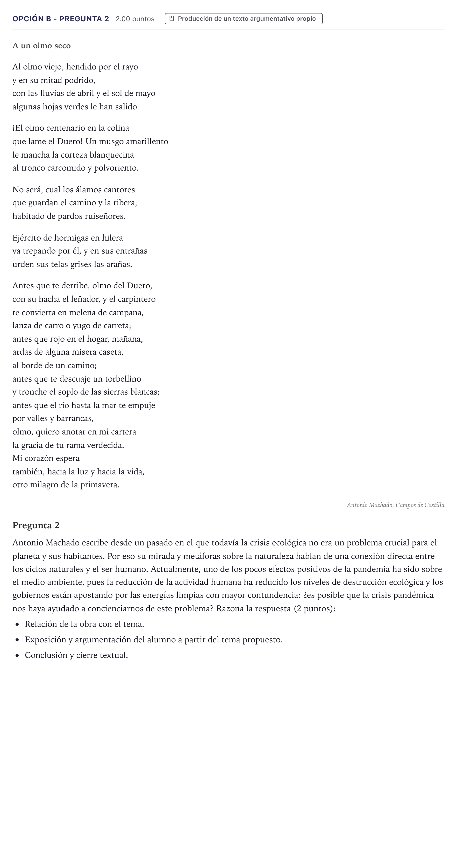 Enunciado: Opción B - Pregunta 2 · Lengua Castellana y Literatura II PAU Canarias Julio 2021