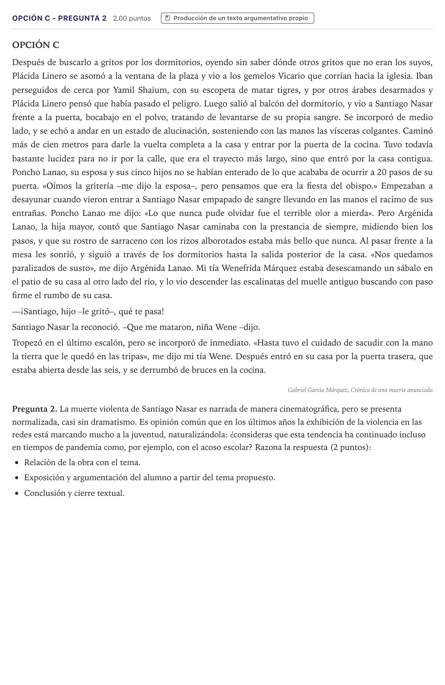 Enunciado: Opción C - Pregunta 2 · Lengua Castellana y Literatura II PAU Canarias Julio 2021
