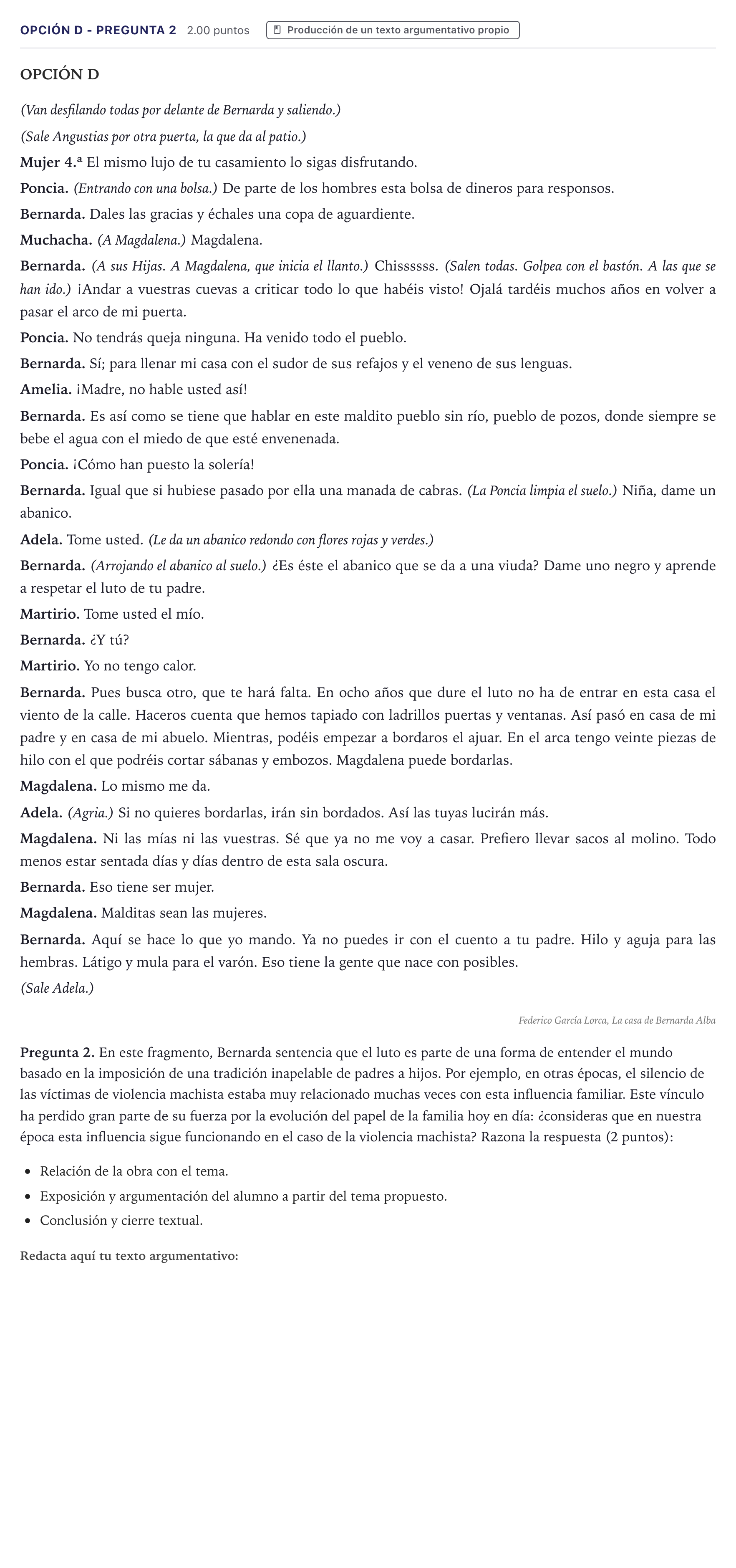 Enunciado: Opción D - Pregunta 2 · Lengua Castellana y Literatura II PAU Canarias Julio 2021