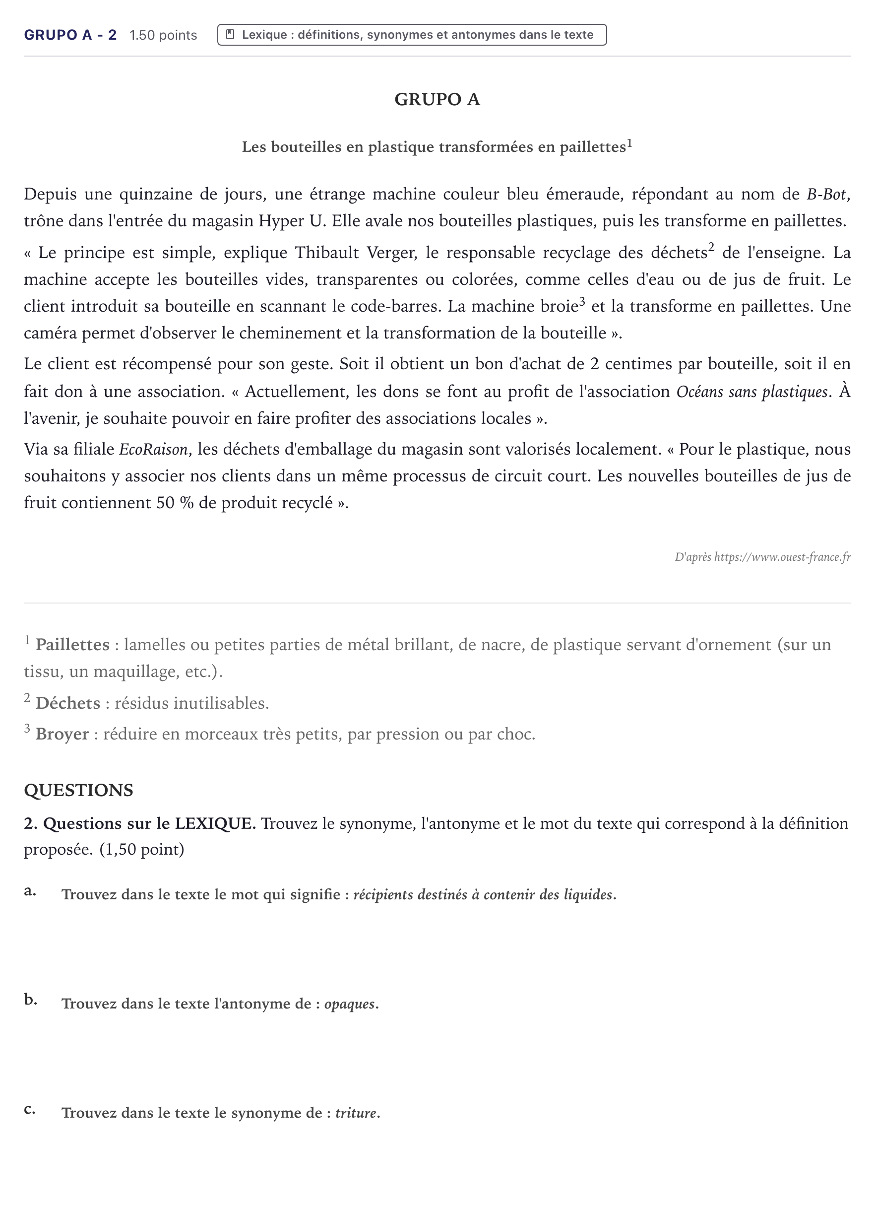 Enunciado: Ejercicio Grupo A - 2 · Francés PAU Canarias Julio 2021