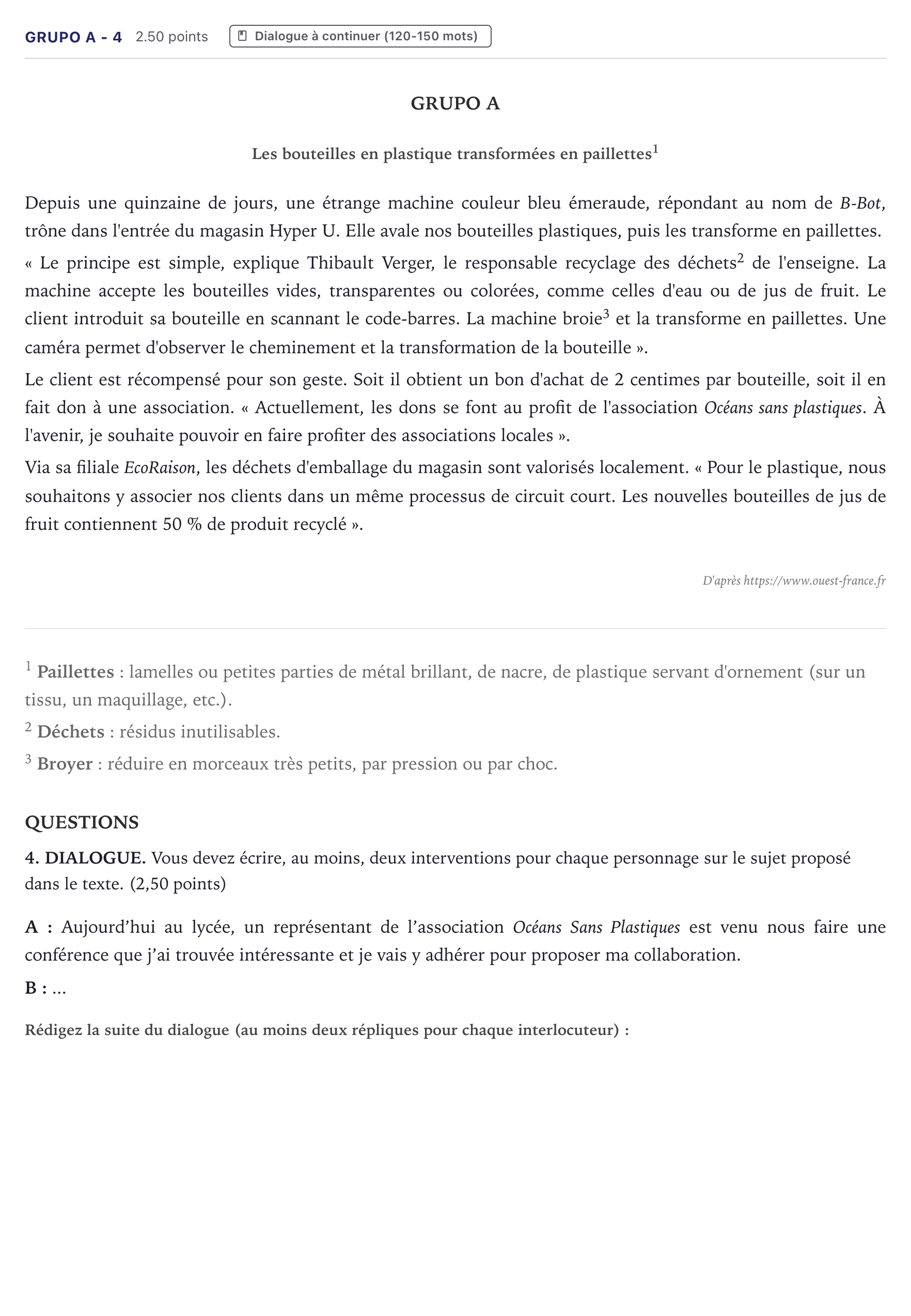 Enunciado: Ejercicio Grupo A - 4 · Francés PAU Canarias Julio 2021