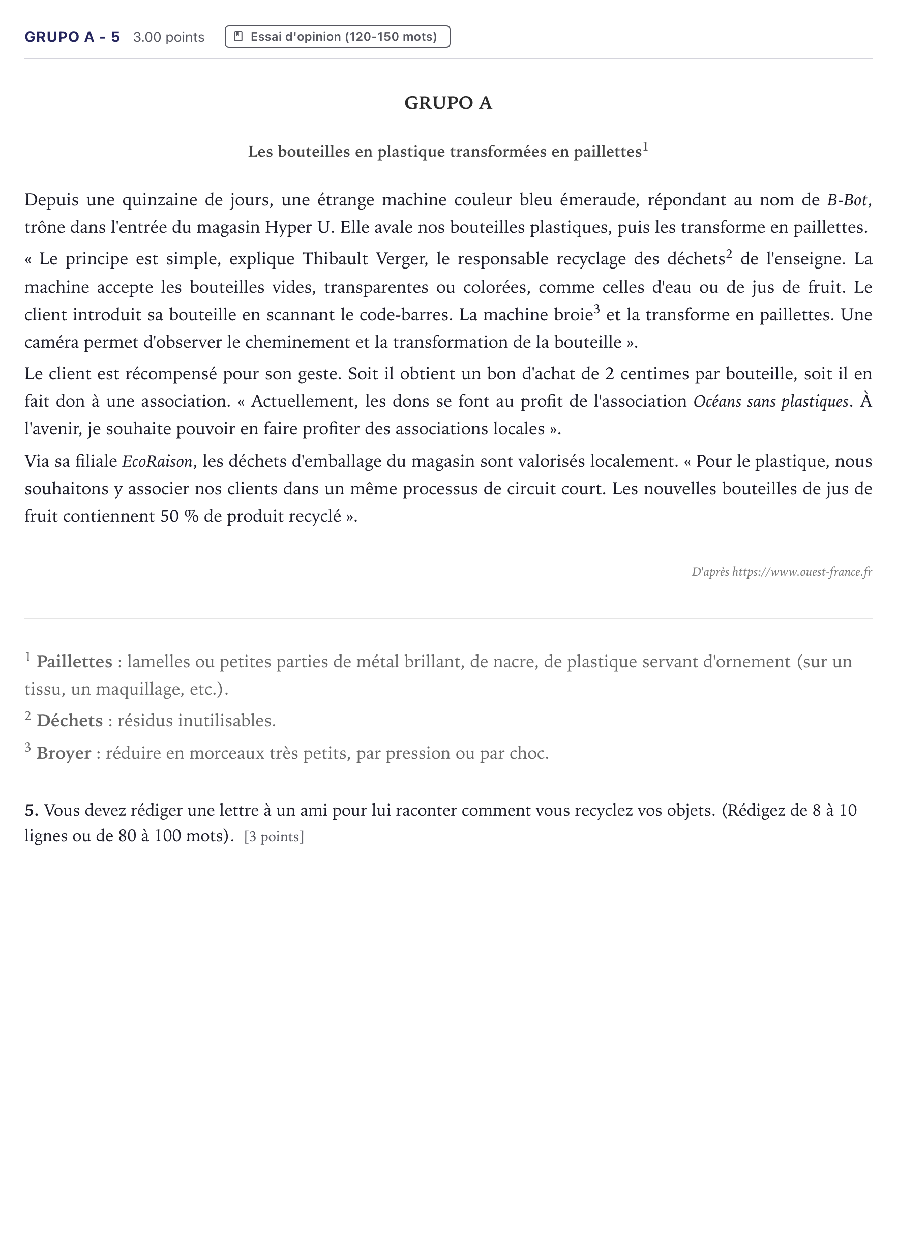 Enunciado: Ejercicio Grupo A - 5 · Francés PAU Canarias Julio 2021