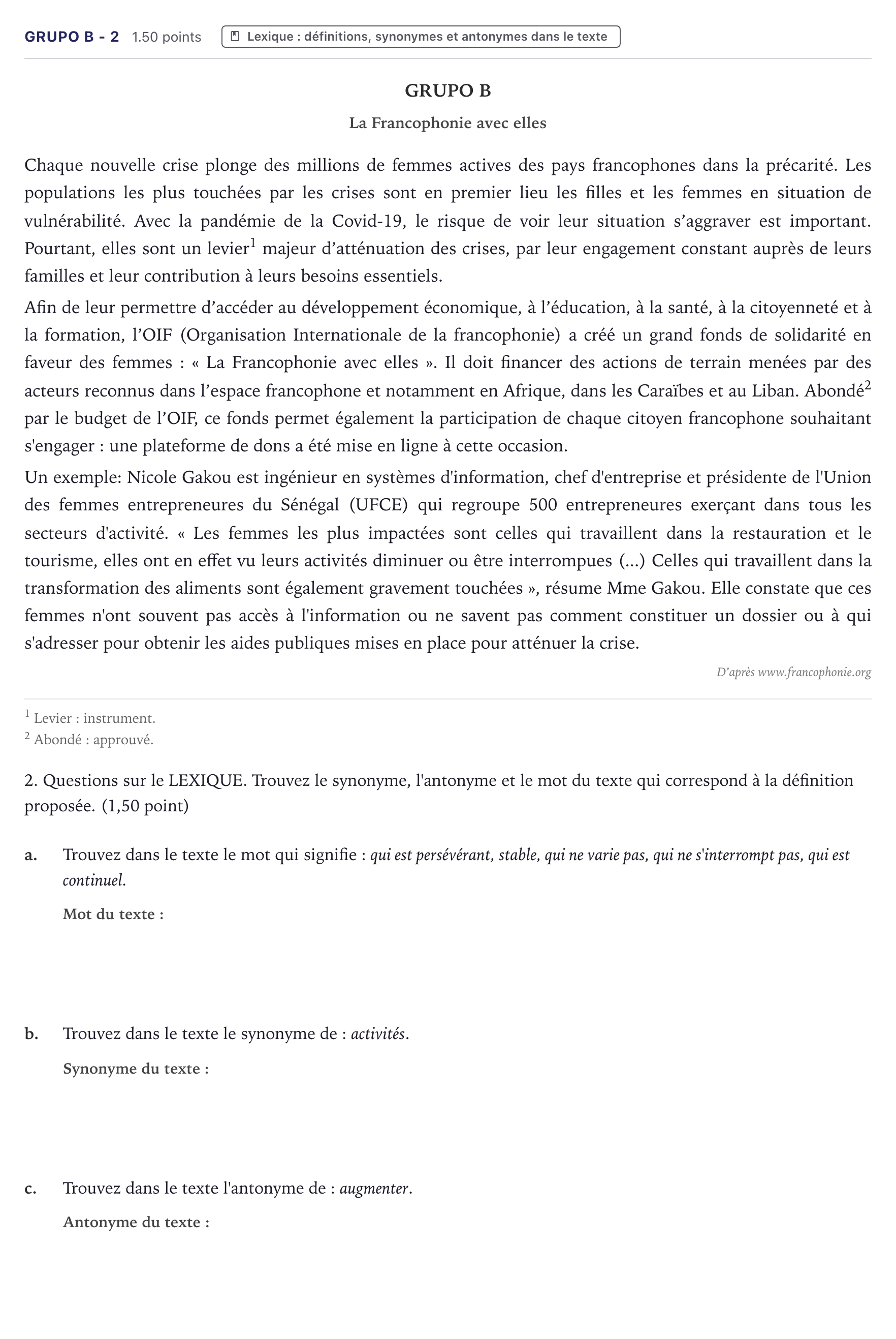 Enunciado: Ejercicio Grupo B - 2 · Francés PAU Canarias Julio 2021