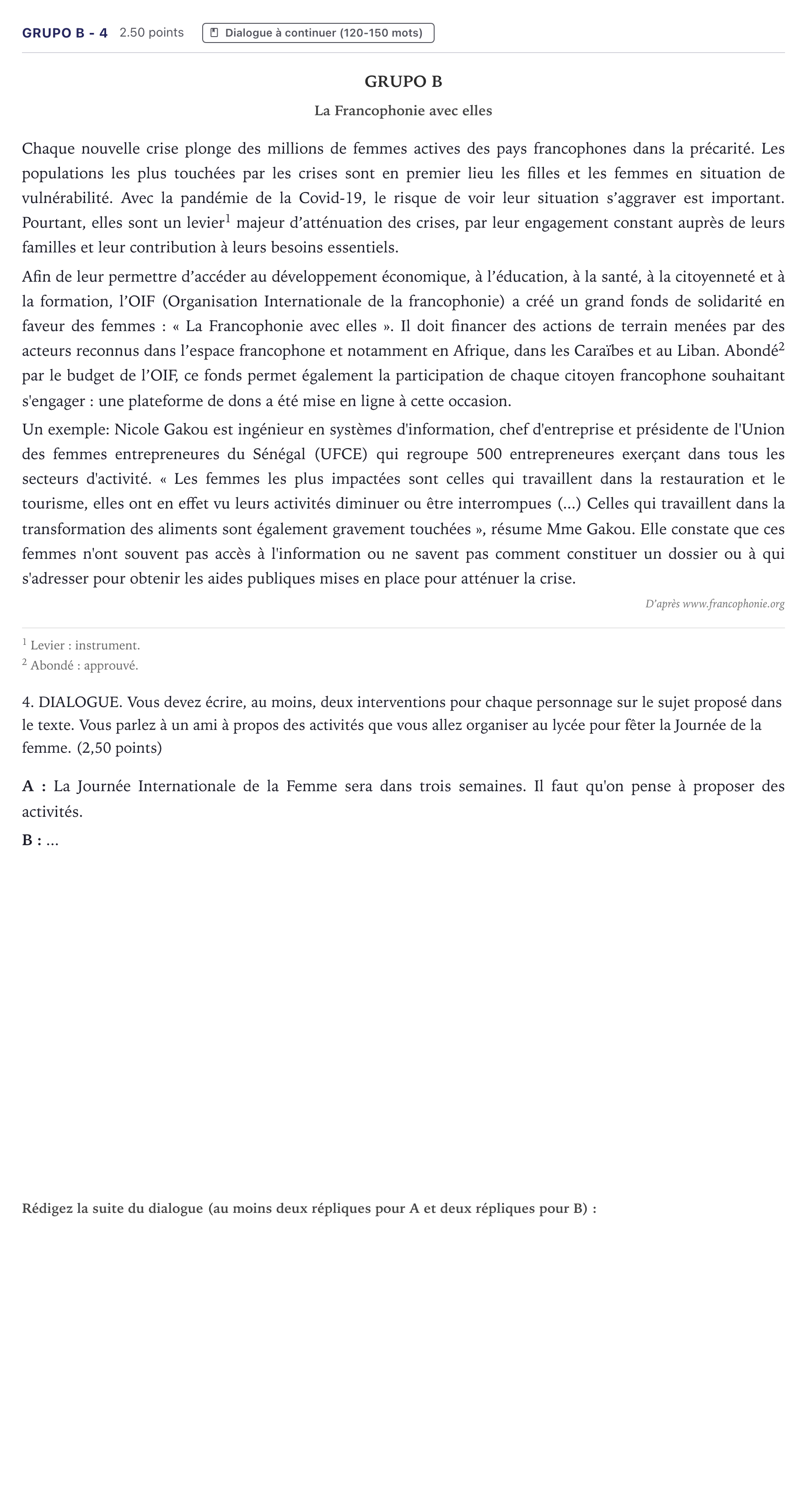 Enunciado: Ejercicio Grupo B - 4 · Francés PAU Canarias Julio 2021