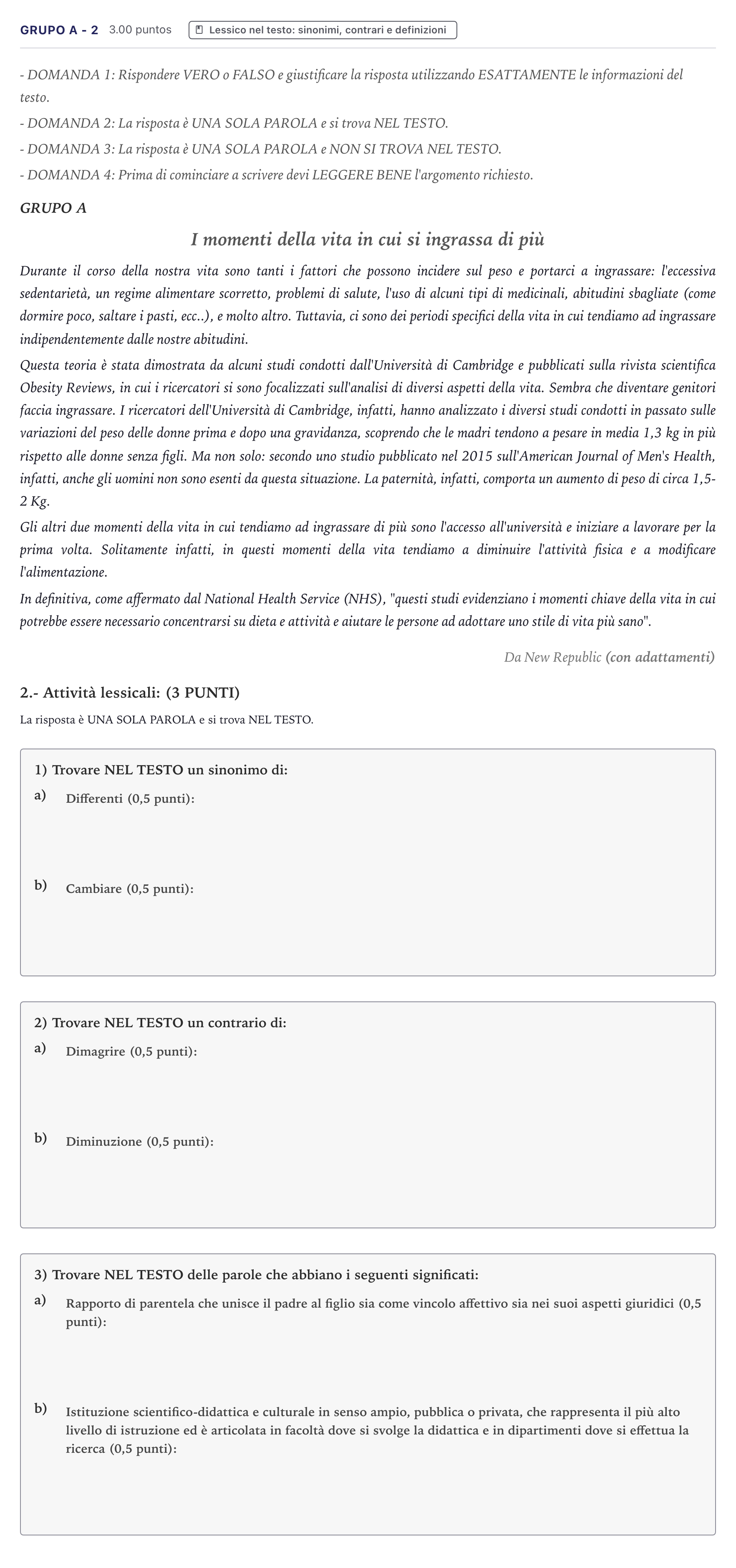 Enunciado: Ejercicio Grupo A - 2 · Italiano PAU Canarias Julio 2021