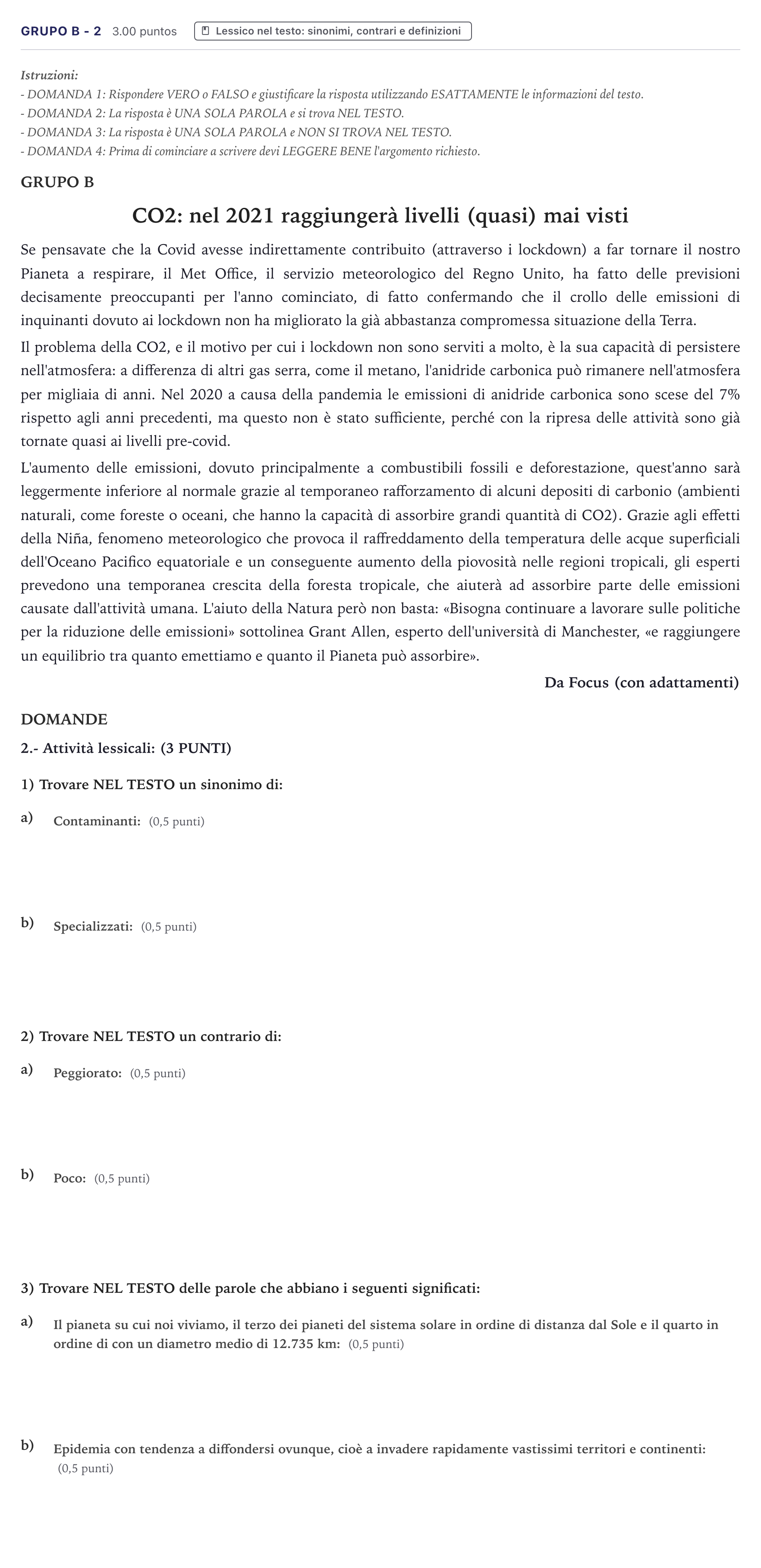 Enunciado: Ejercicio Grupo B - 2 · Italiano PAU Canarias Julio 2021