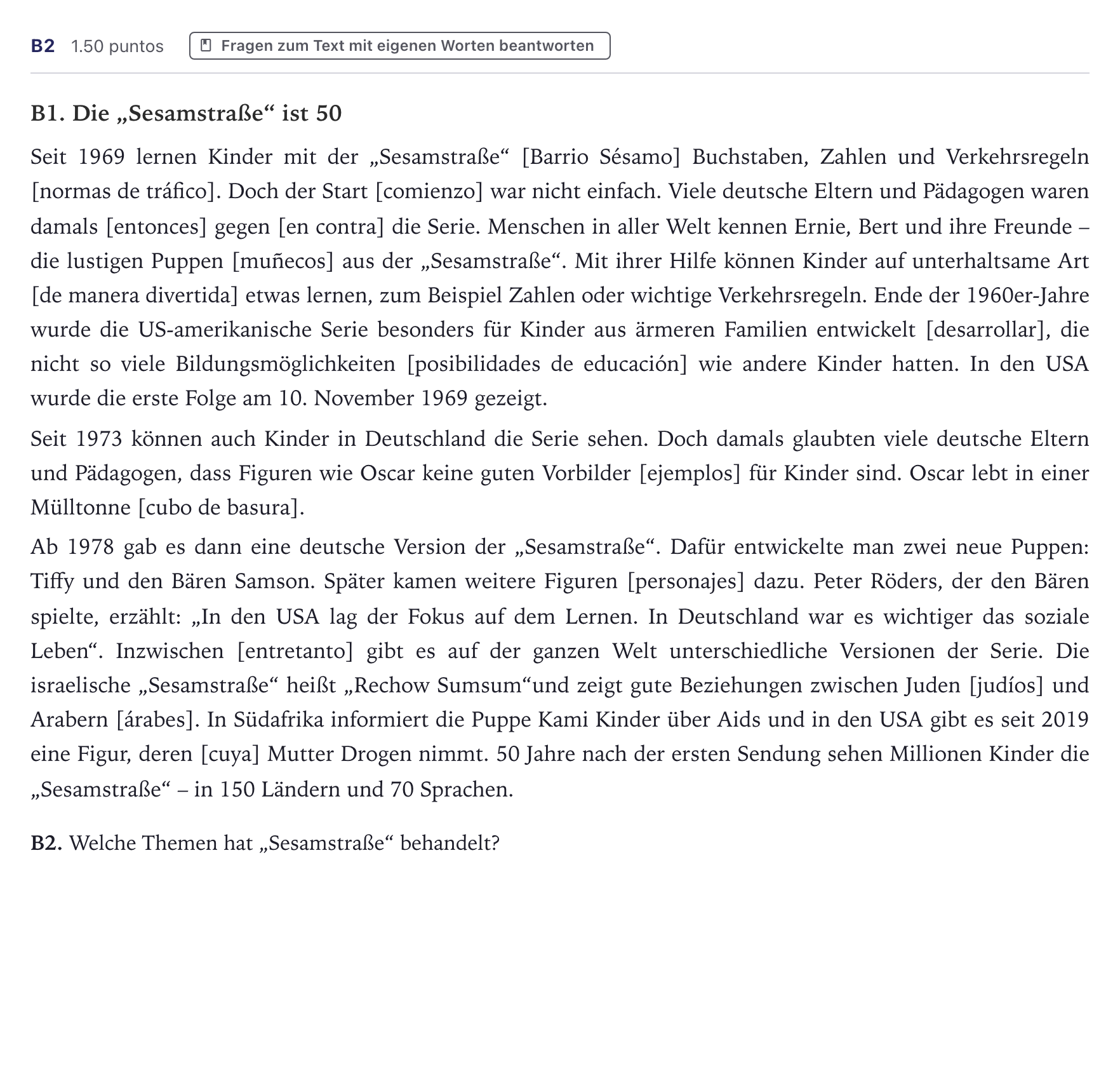 Enunciado: Ejercicio B2 · Alemán PAU Canarias Julio 2021