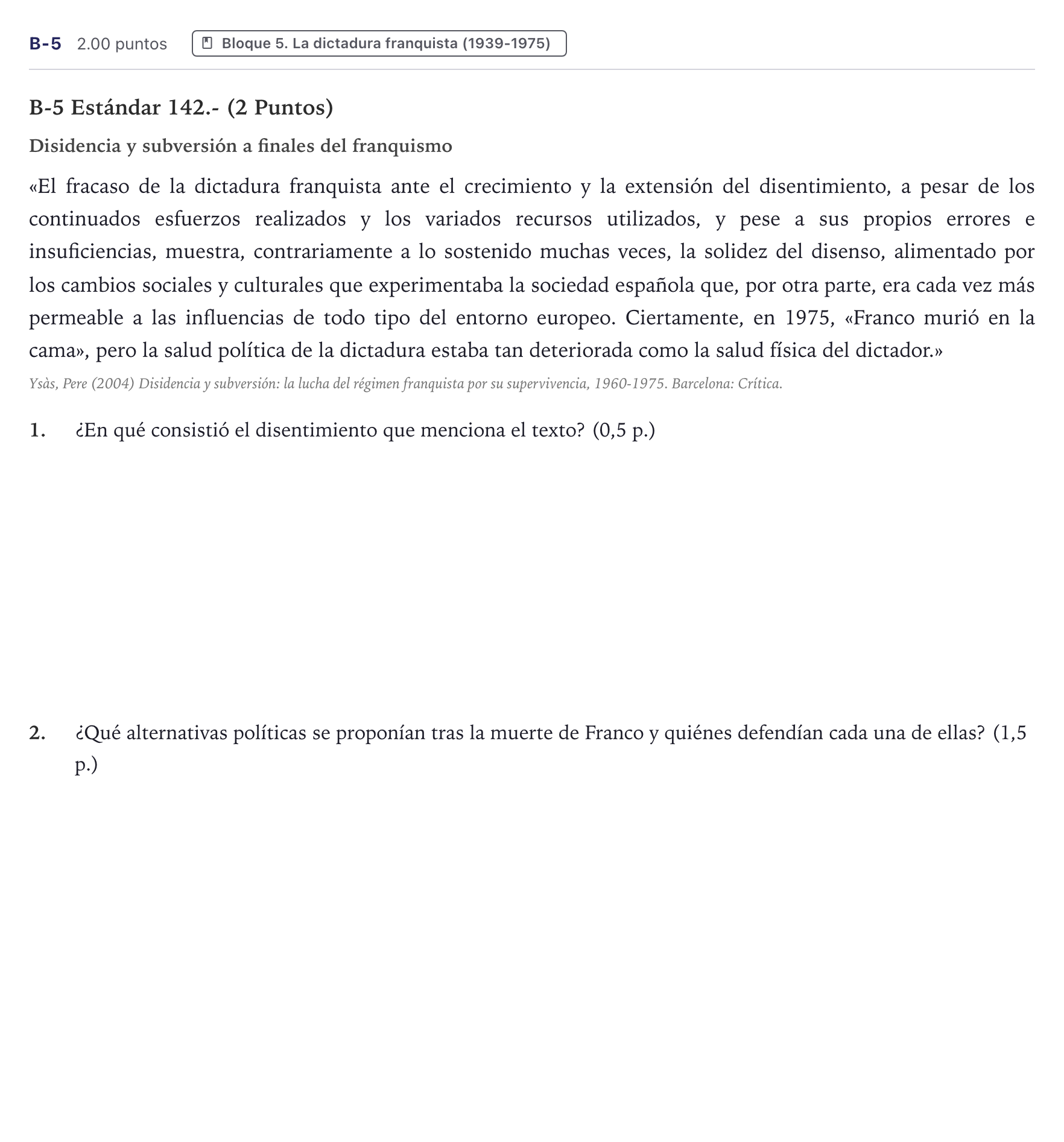 Enunciado: Ejercicio B-5 · Historia de España PAU Canarias Julio 2021
