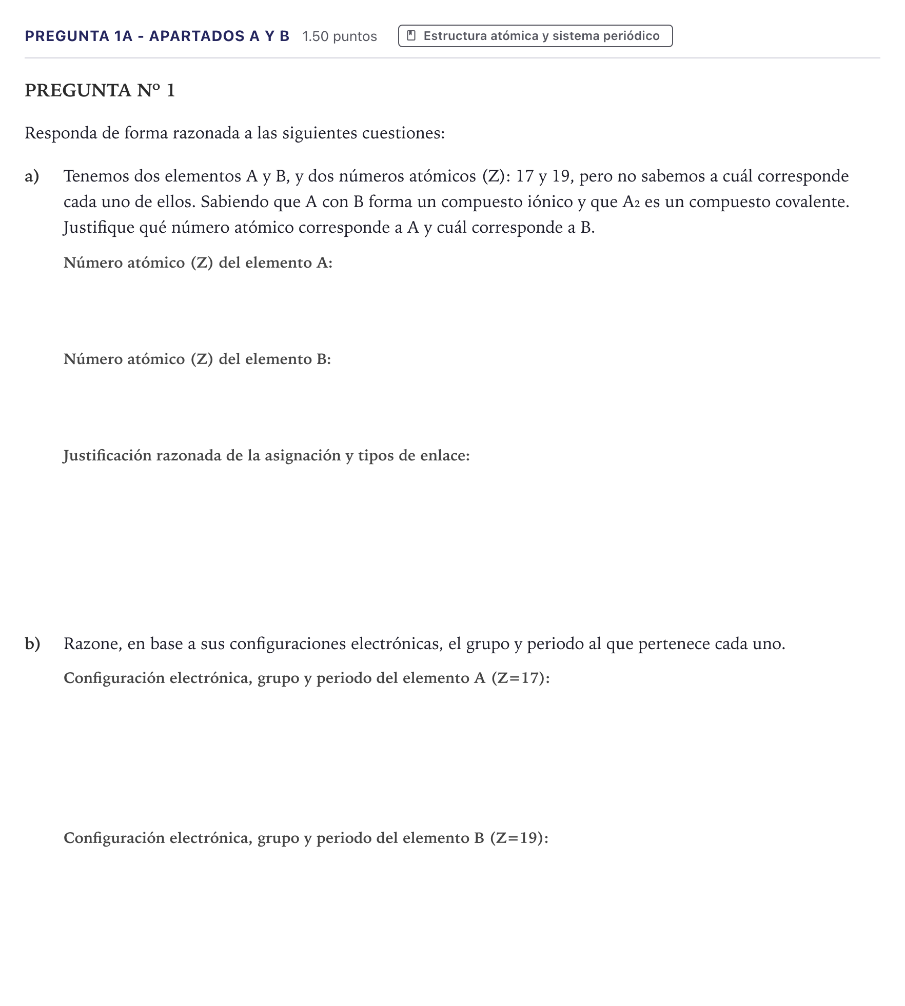 Enunciado: Pregunta 1A - Apartados a y b · Química PAU Canarias Julio 2021