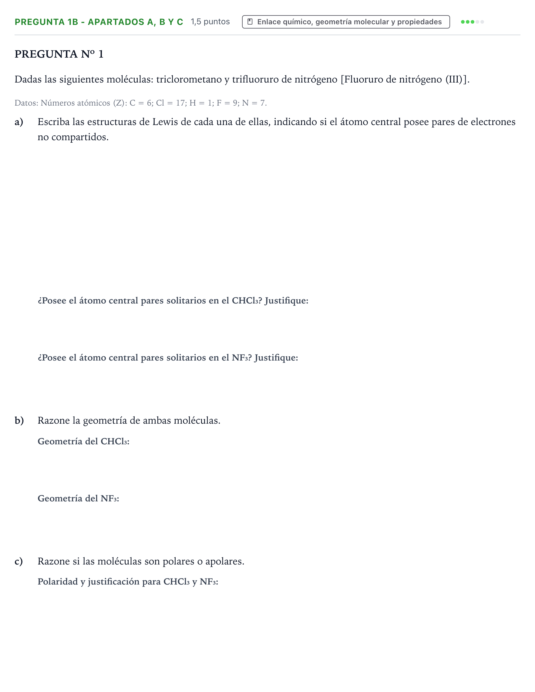 Enunciado: Pregunta 1B - Apartados a, b y c · Química PAU Canarias Julio 2021