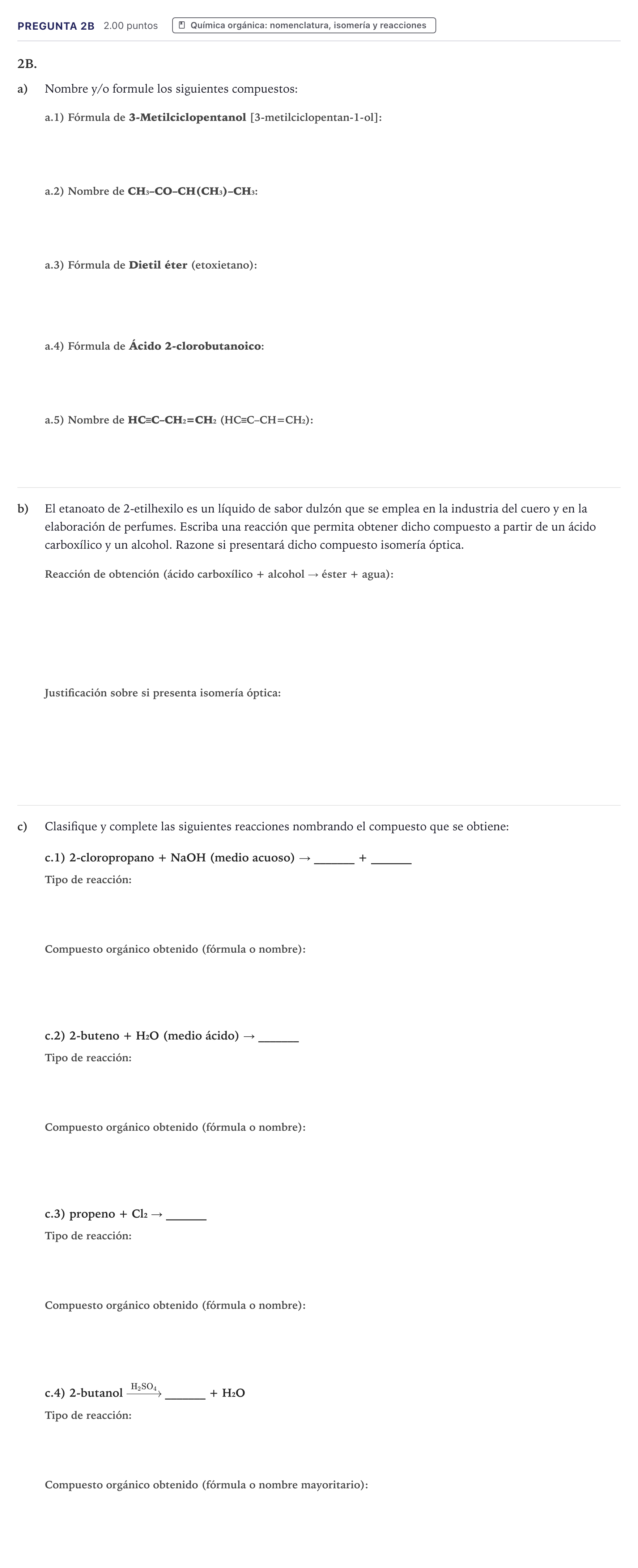 Enunciado: Pregunta 2B · Química PAU Canarias Julio 2021