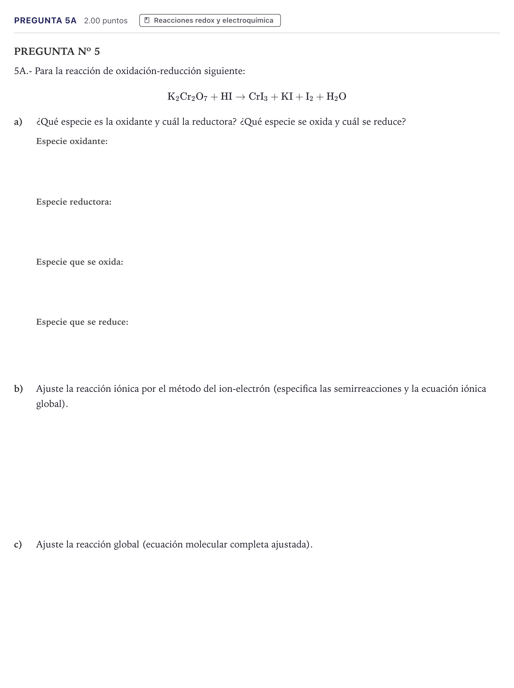 Enunciado: Pregunta 5A · Química PAU Canarias Julio 2021