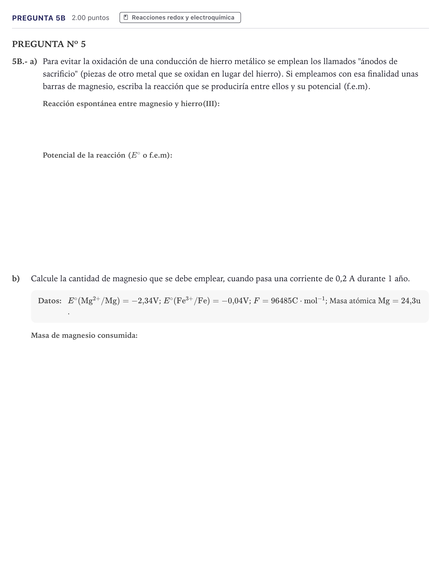 Enunciado: Pregunta 5B · Química PAU Canarias Julio 2021