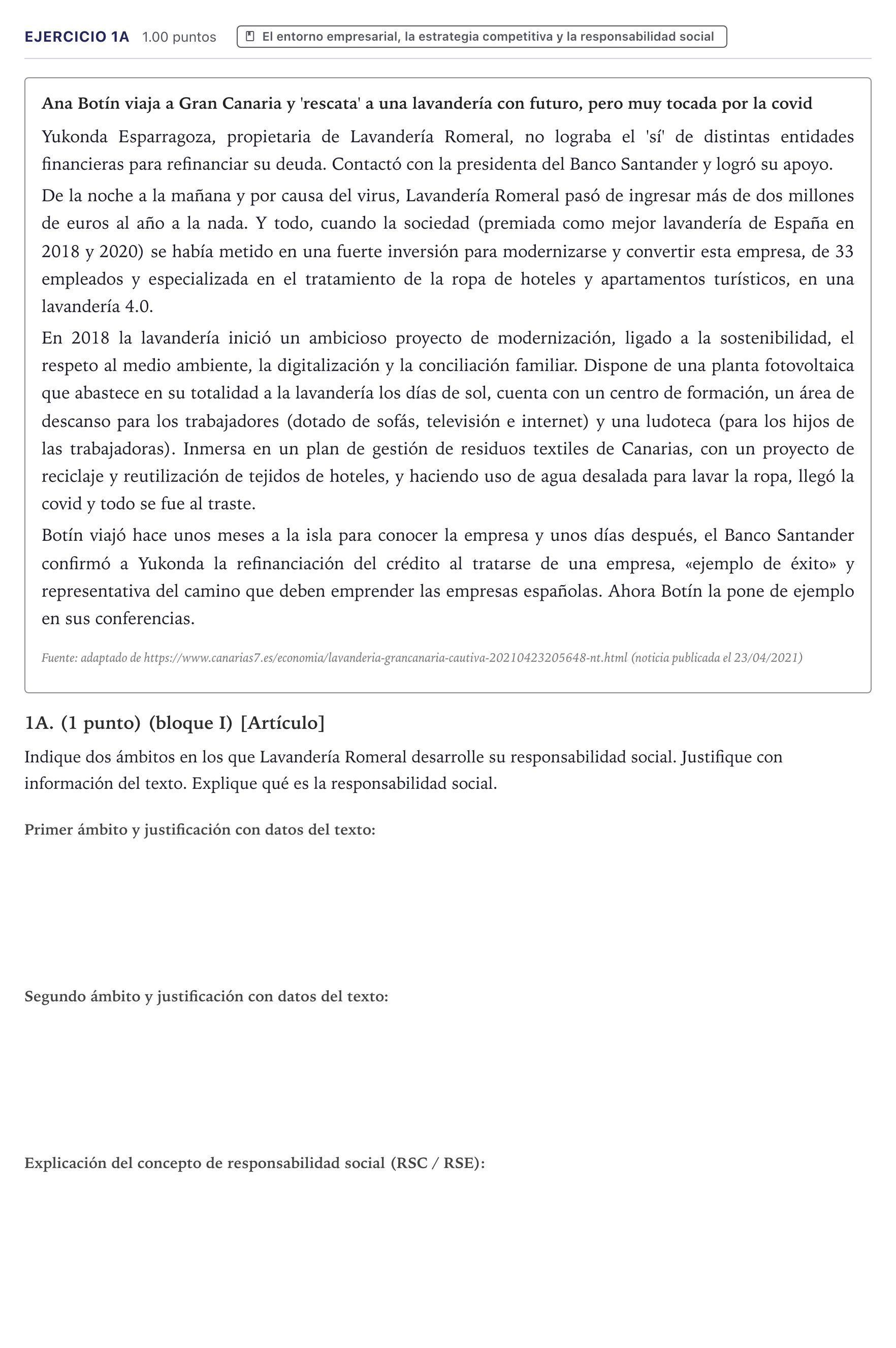 Enunciado: Ejercicio 1A · Economía de la Empresa PAU Canarias Julio 2021