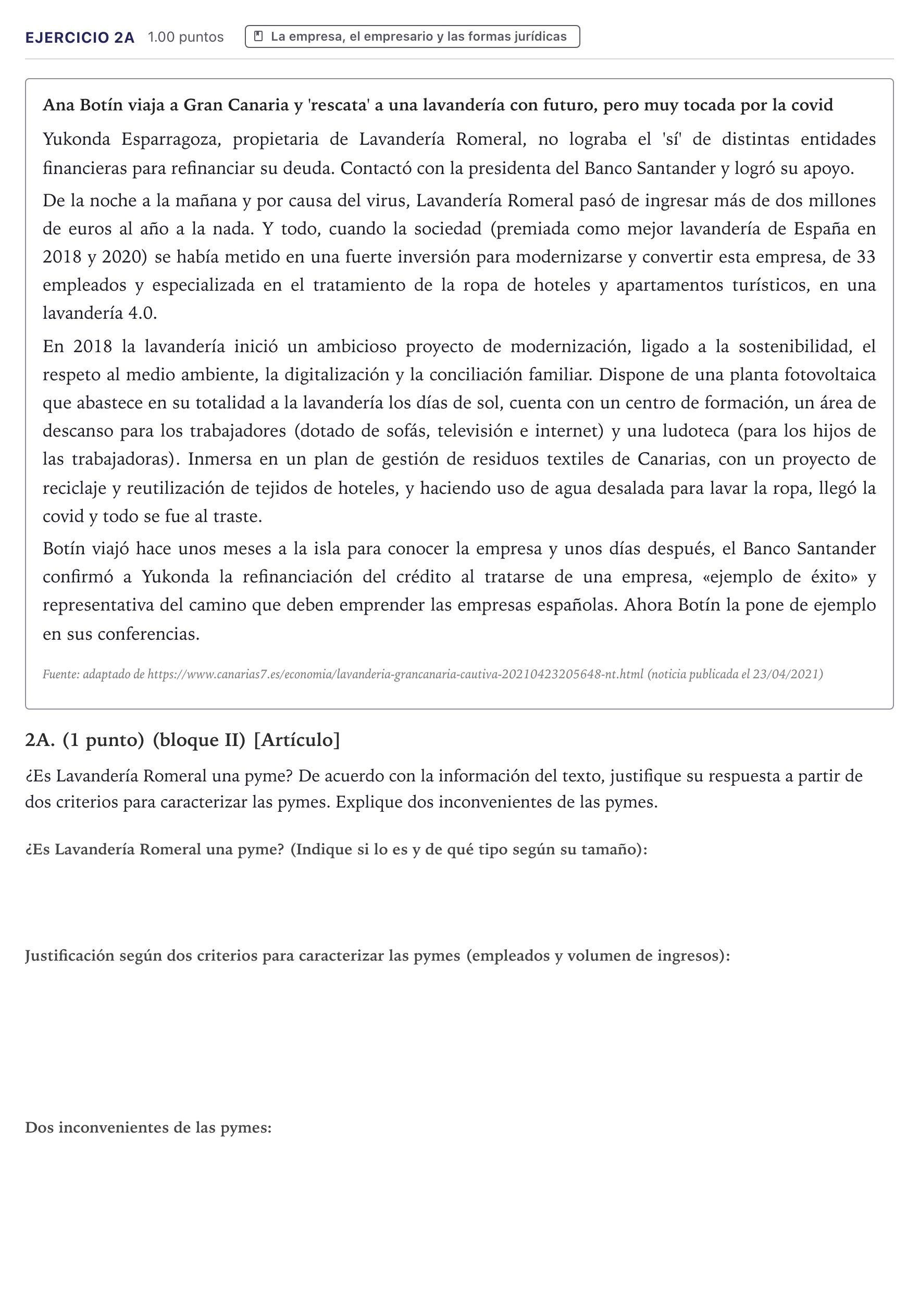 Enunciado: Ejercicio 2A · Economía de la Empresa PAU Canarias Julio 2021