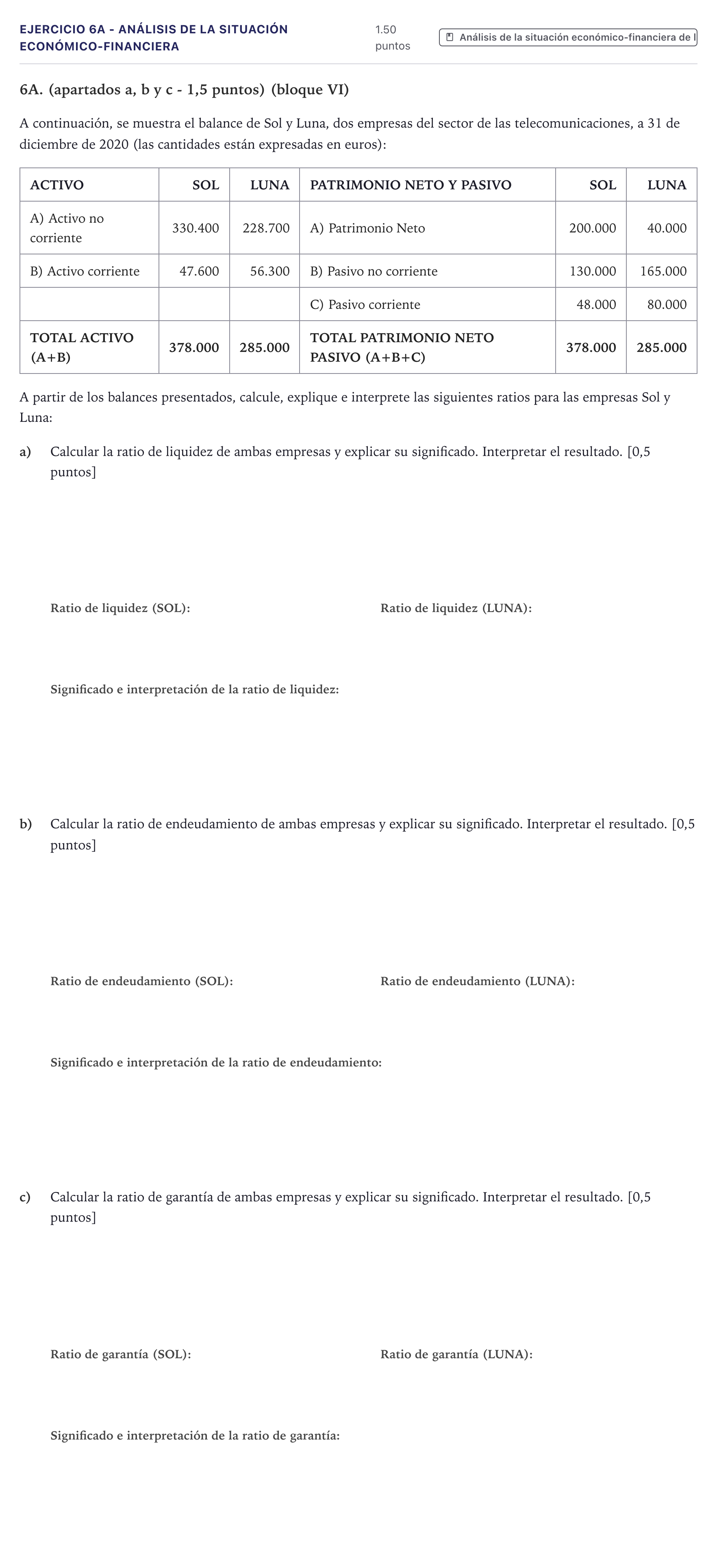 Enunciado: Ejercicio 6A - Análisis de la situación económico-financiera · Economía de la Empresa PAU Canarias Julio 2021