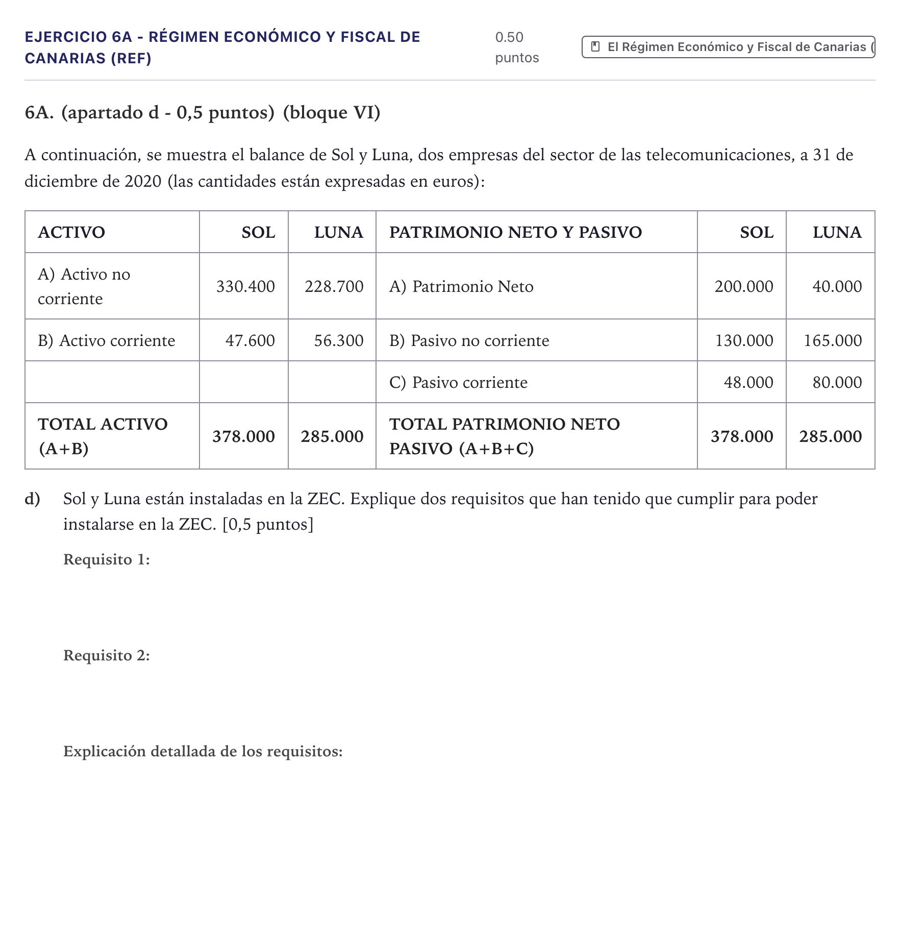 Enunciado: Ejercicio 6A - Régimen Económico y Fiscal de Canarias (REF) · Economía de la Empresa PAU Canarias Julio 2021