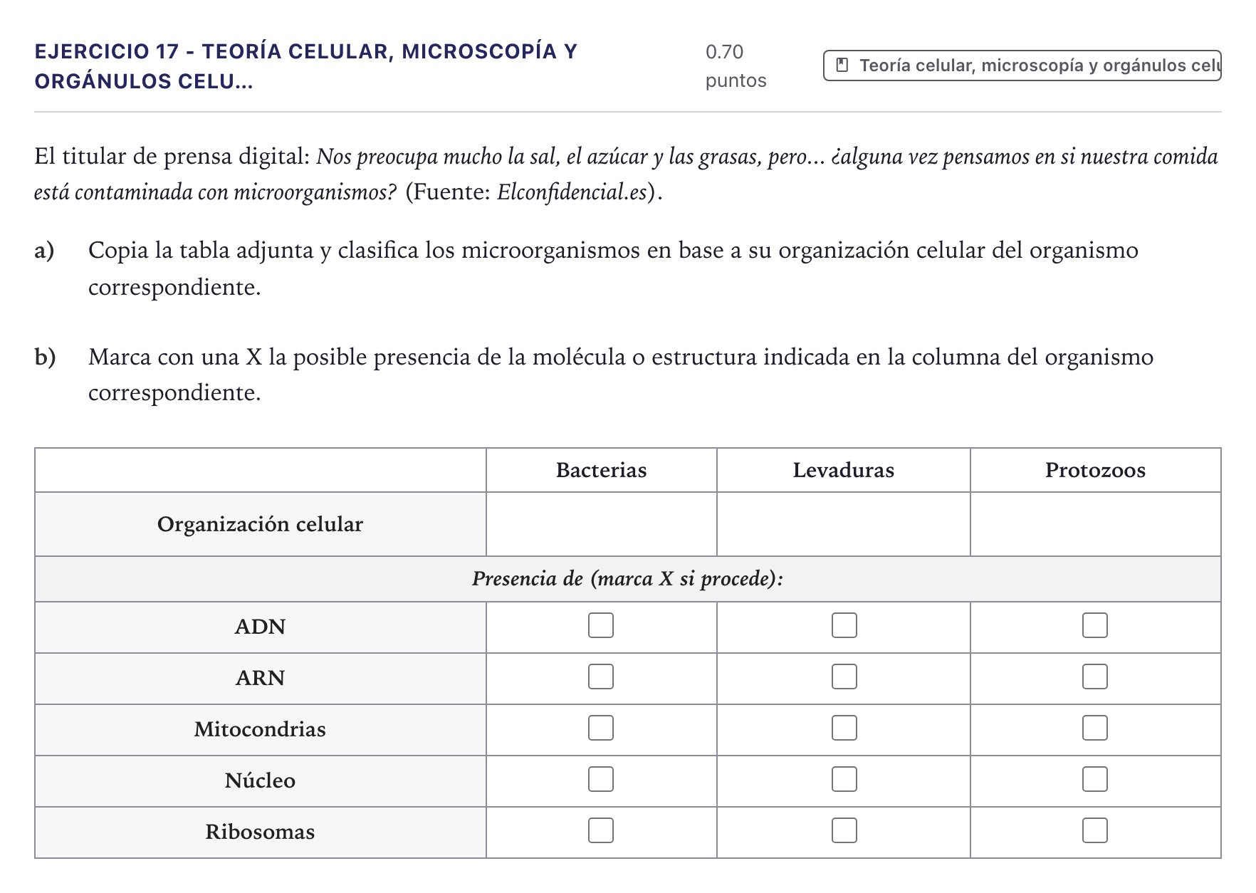Enunciado: Ejercicio 17 - Teoría celular, microscopía y orgánulos celu… · Biología PAU Canarias Julio 2021