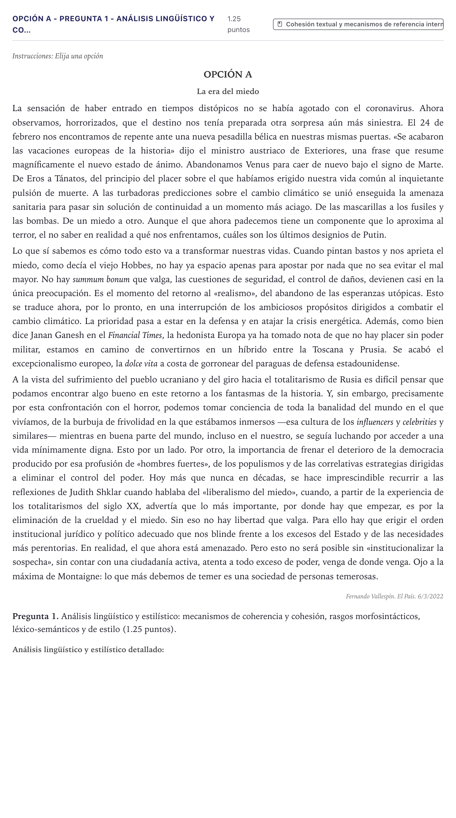 Enunciado: Opción A - Pregunta 1 - Análisis lingüístico y co… · Lengua Castellana y Literatura II PAU Canarias Junio (Ciencias) 2022