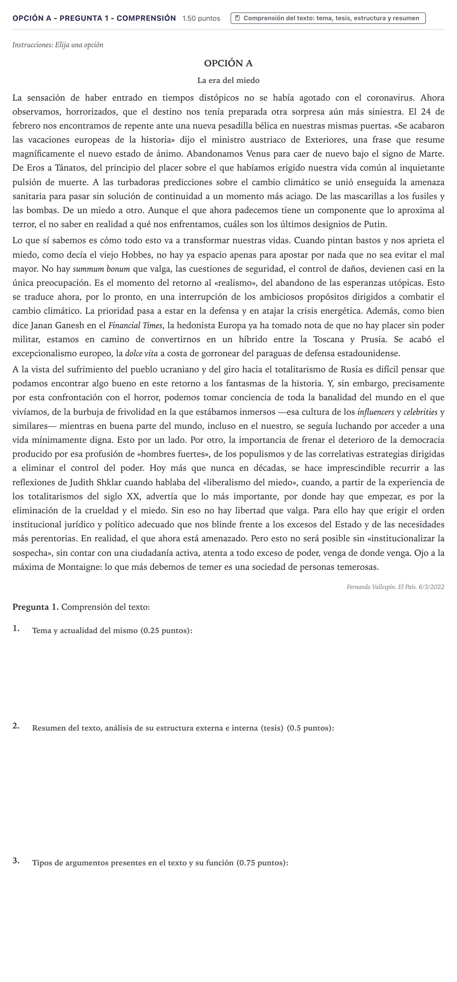 Enunciado: Opción A - Pregunta 1 - Comprensión · Lengua Castellana y Literatura II PAU Canarias Junio (Ciencias) 2022