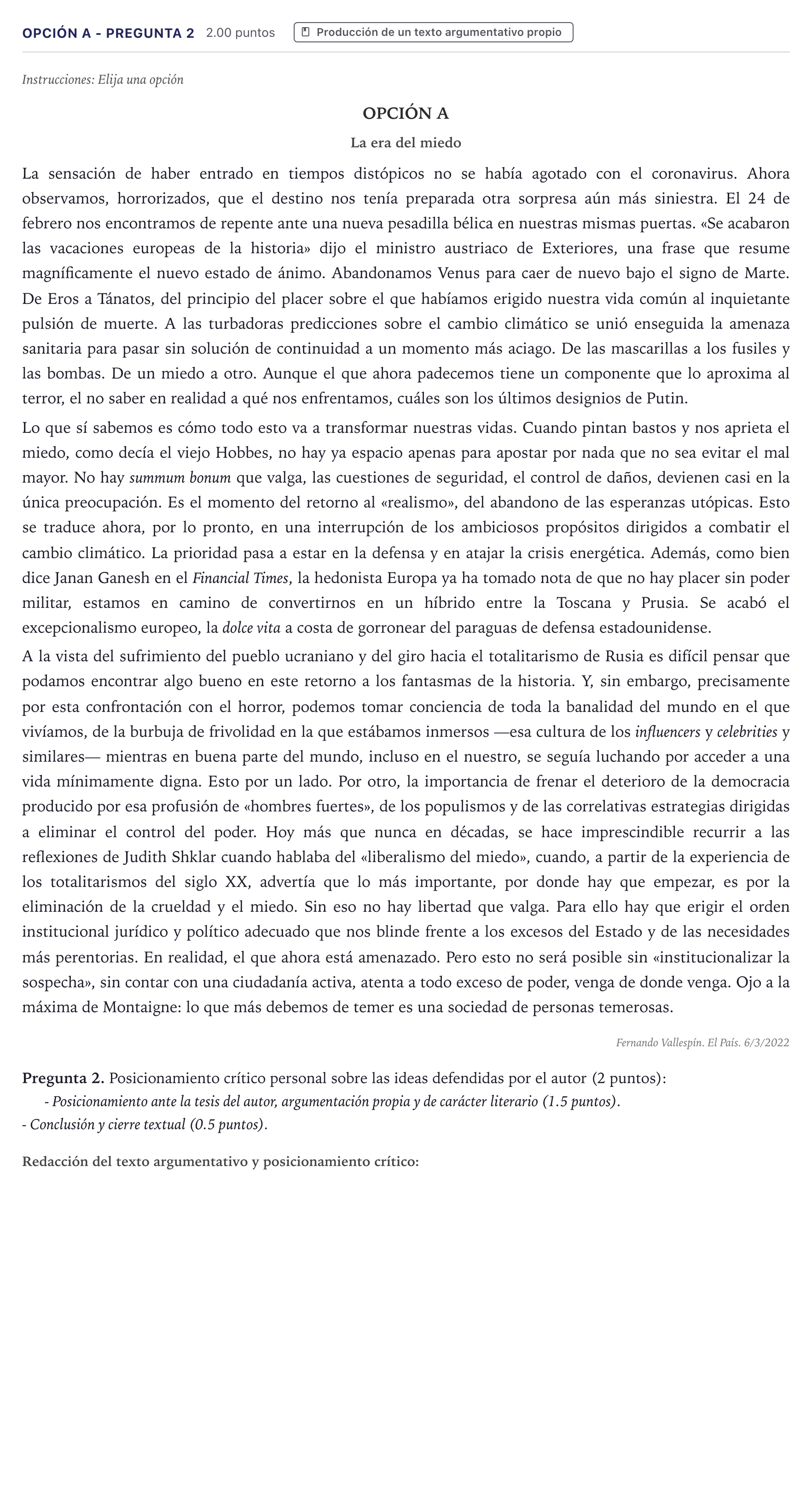 Enunciado: Opción A - Pregunta 2 · Lengua Castellana y Literatura II PAU Canarias Junio (Ciencias) 2022