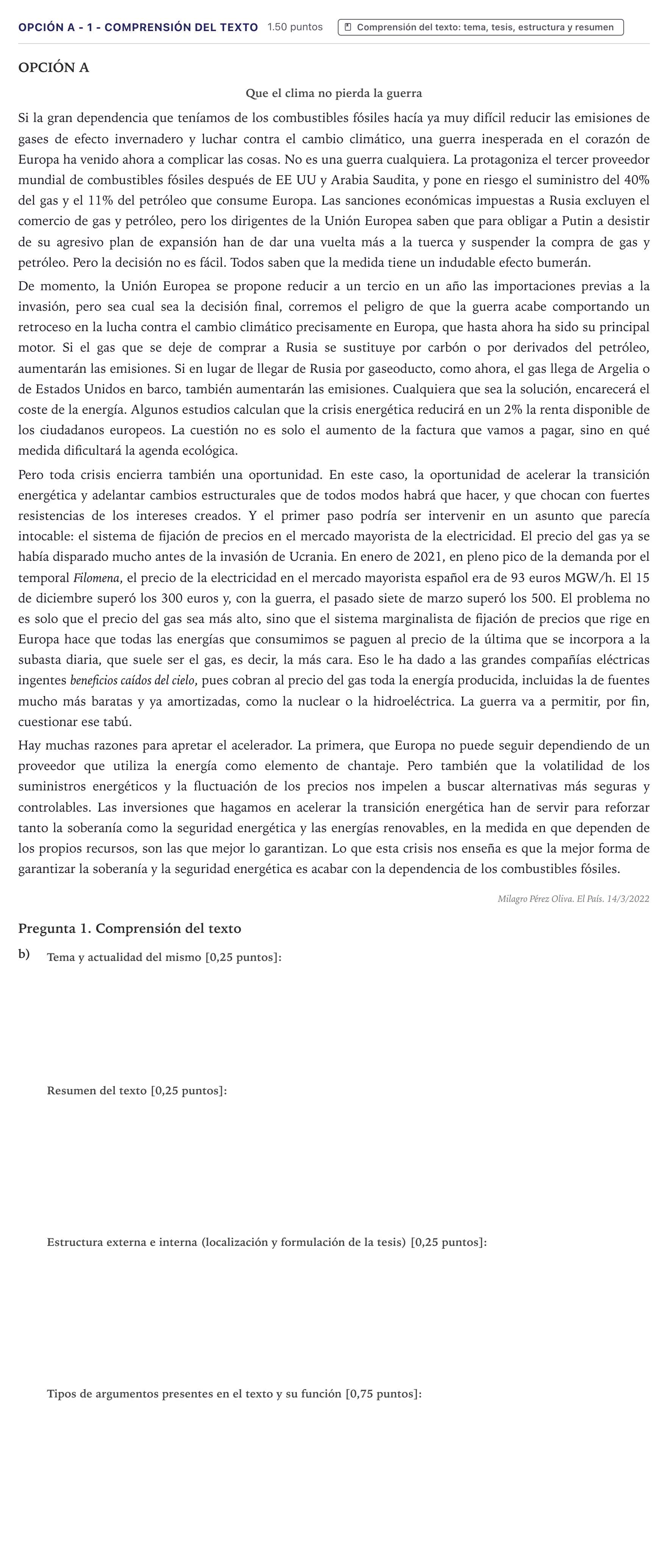 Enunciado: Opción A - 1 - Comprensión del texto · Lengua Castellana y Literatura II PAU Canarias Junio (Humanidades) 2022