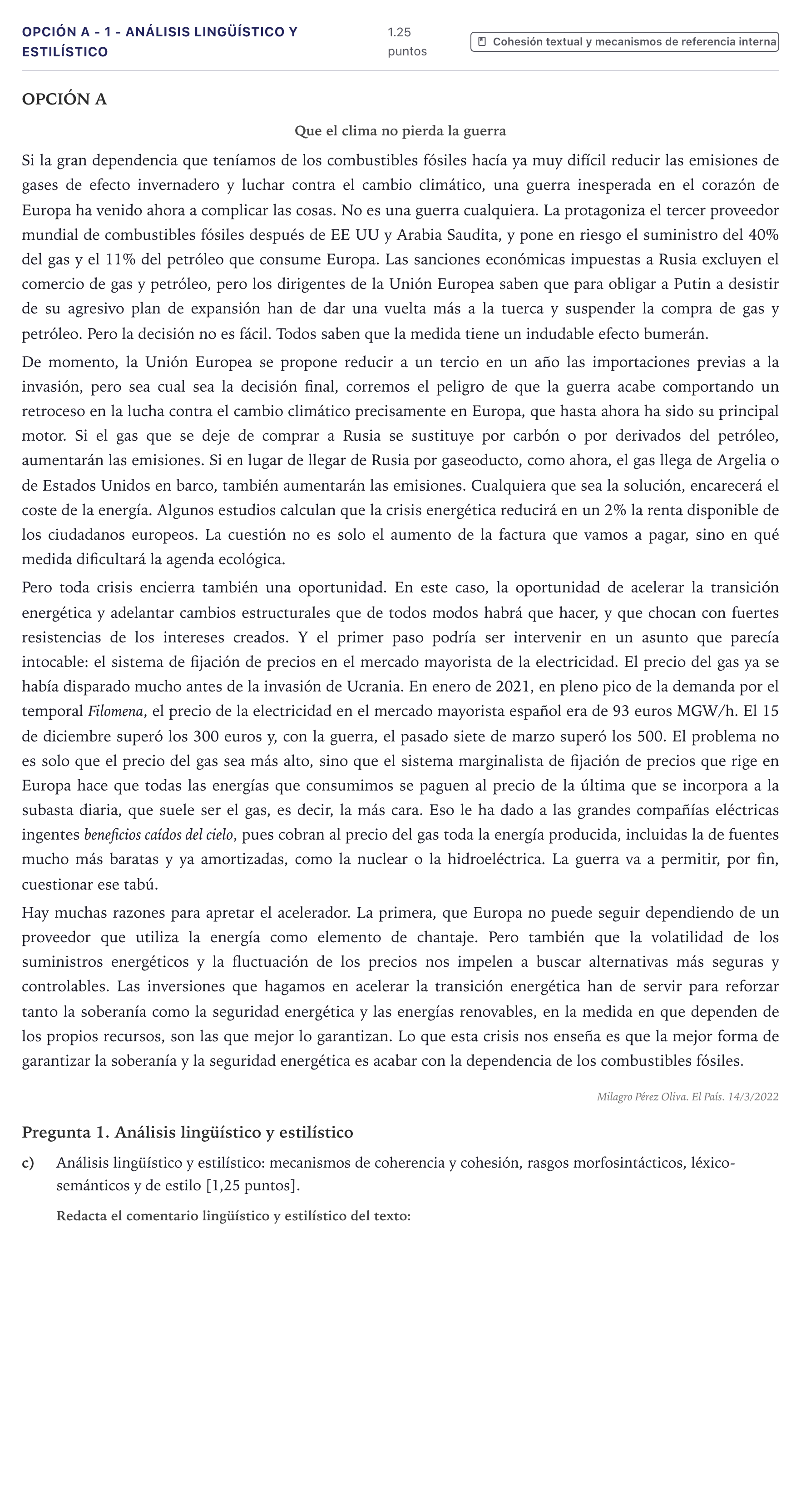 Enunciado: Opción A - 1 - Análisis lingüístico y estilístico · Lengua Castellana y Literatura II PAU Canarias Junio (Humanidades) 2022