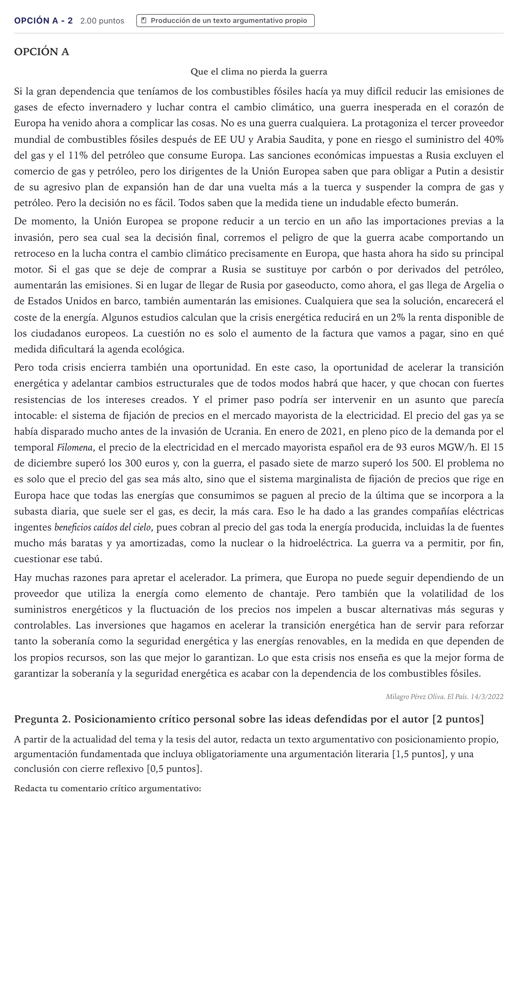 Enunciado: Opción A - 2 · Lengua Castellana y Literatura II PAU Canarias Junio (Humanidades) 2022