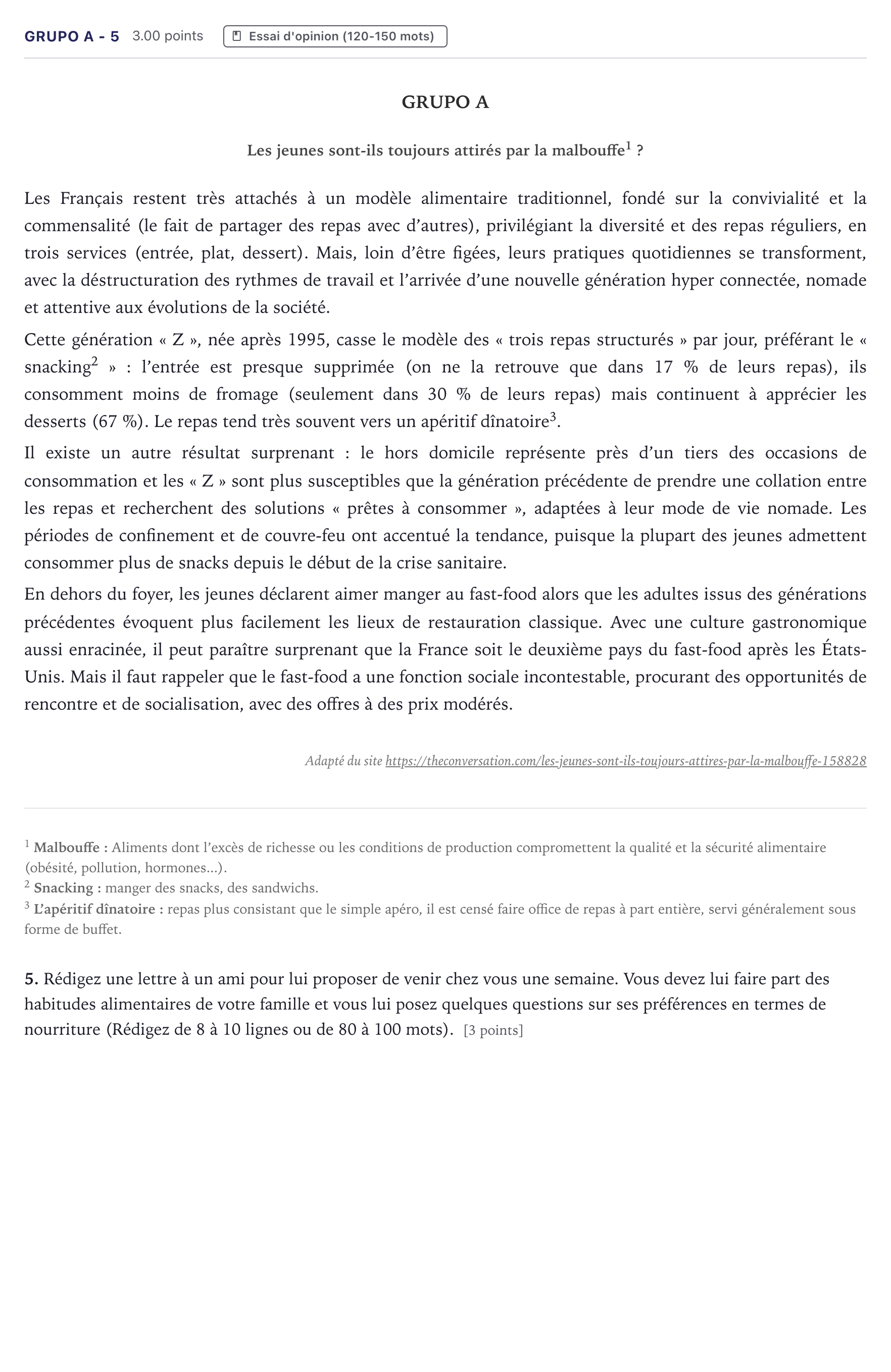 Enunciado: Ejercicio Grupo A - 5 · Francés PAU Canarias Junio (Ciencias) 2022
