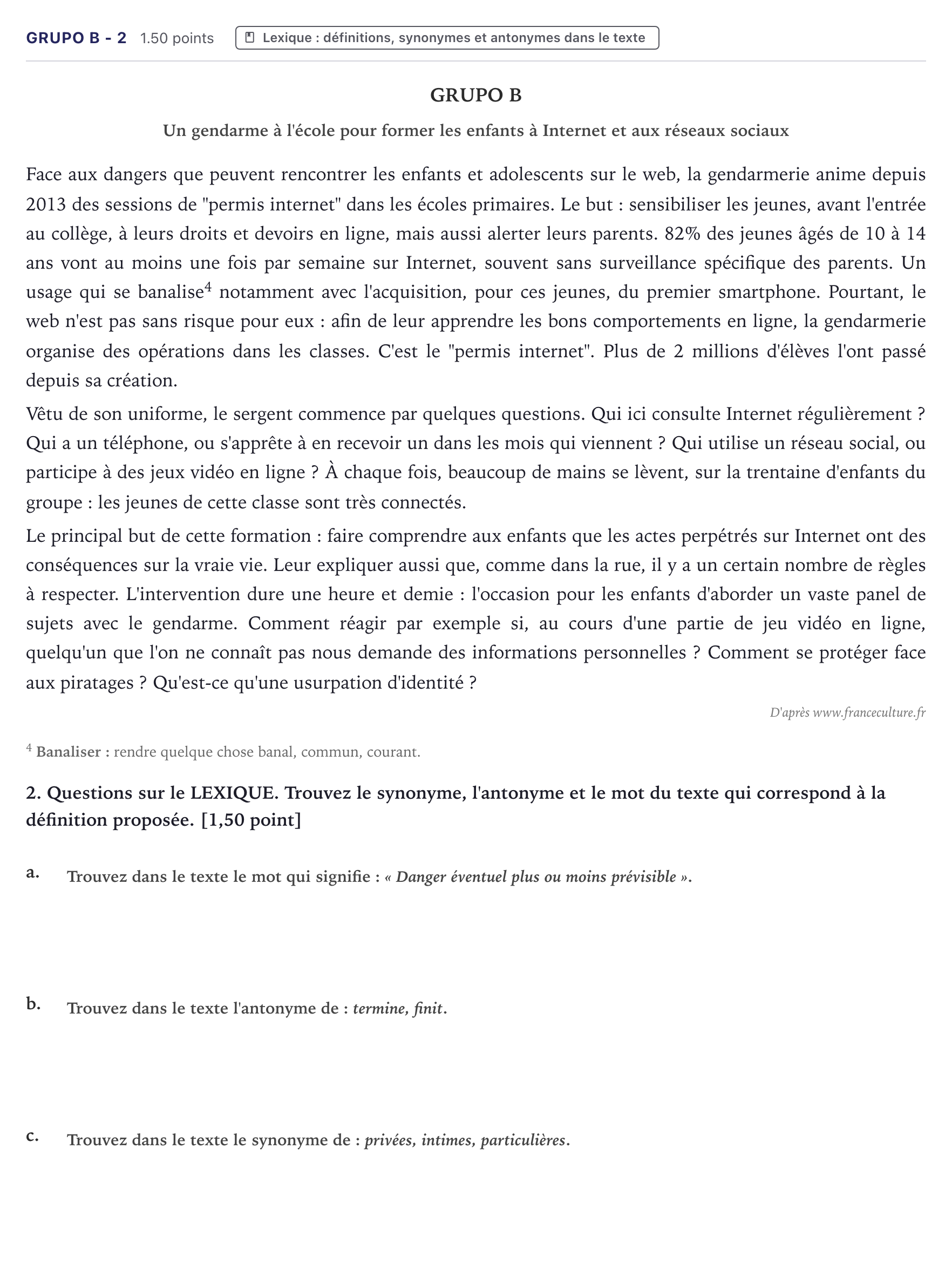 Enunciado: Ejercicio Grupo B - 2 · Francés PAU Canarias Junio (Ciencias) 2022