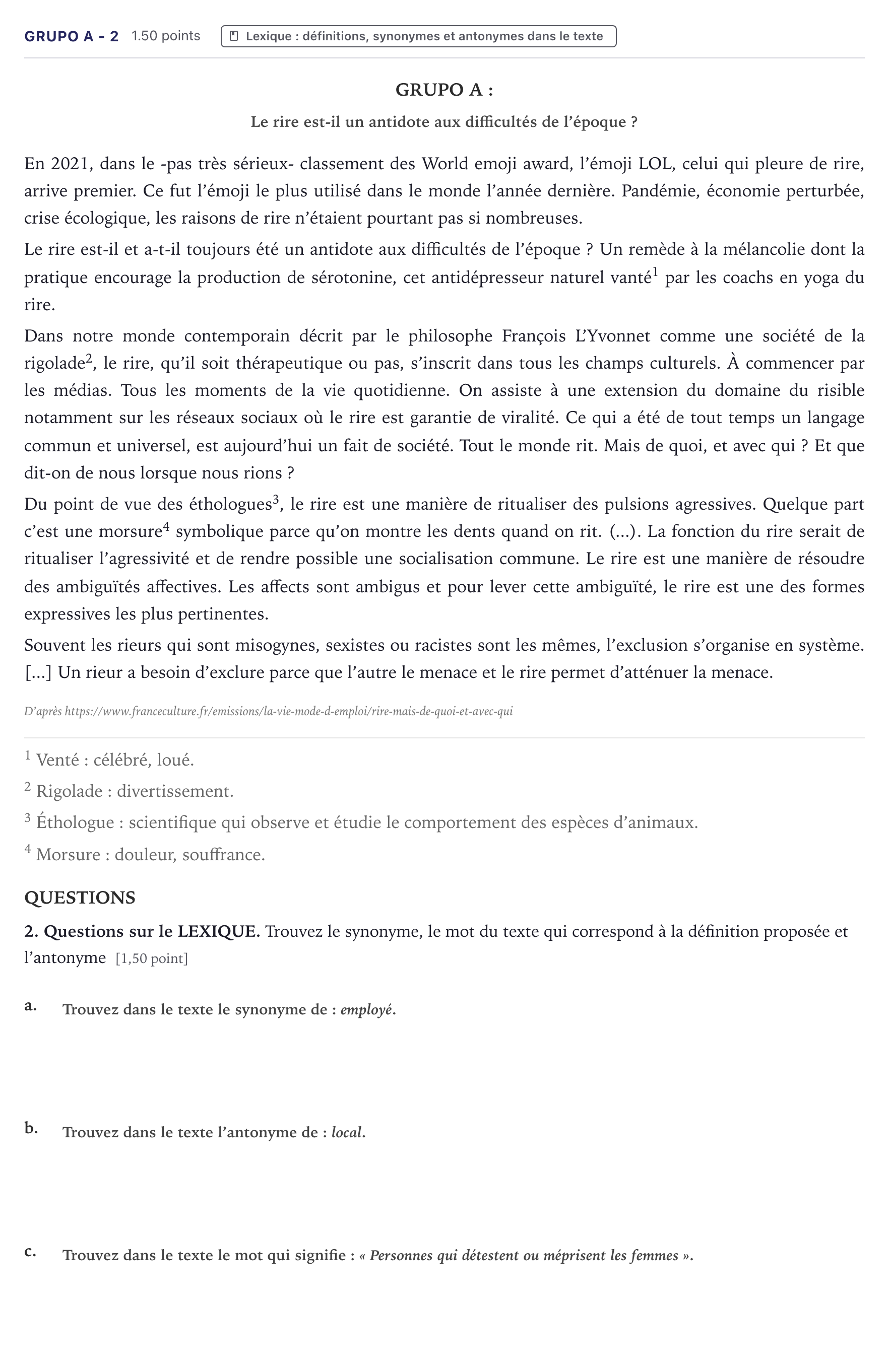 Enunciado: Ejercicio Grupo A - 2 · Francés PAU Canarias Junio (Humanidades) 2022