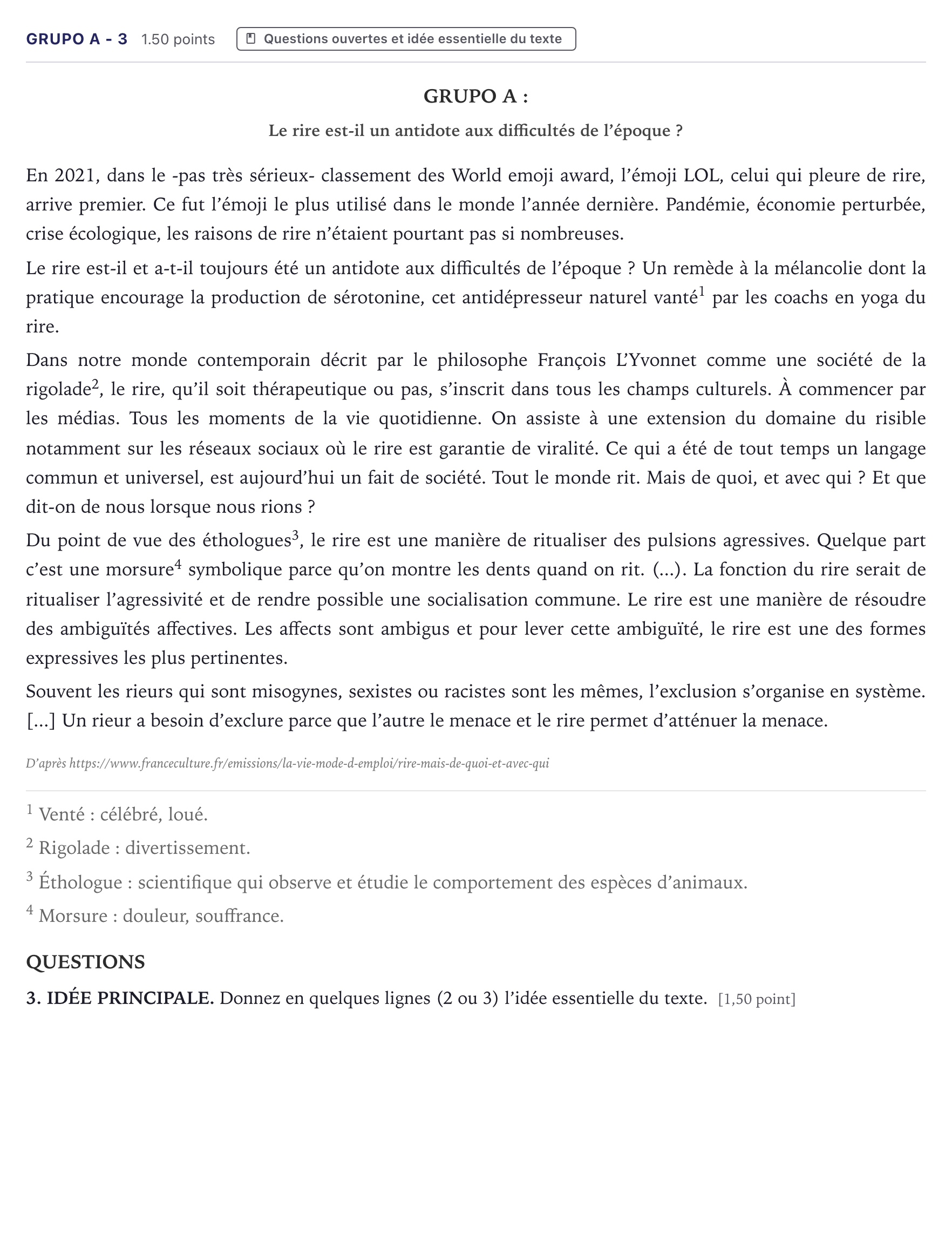 Enunciado: Ejercicio Grupo A - 3 · Francés PAU Canarias Junio (Humanidades) 2022