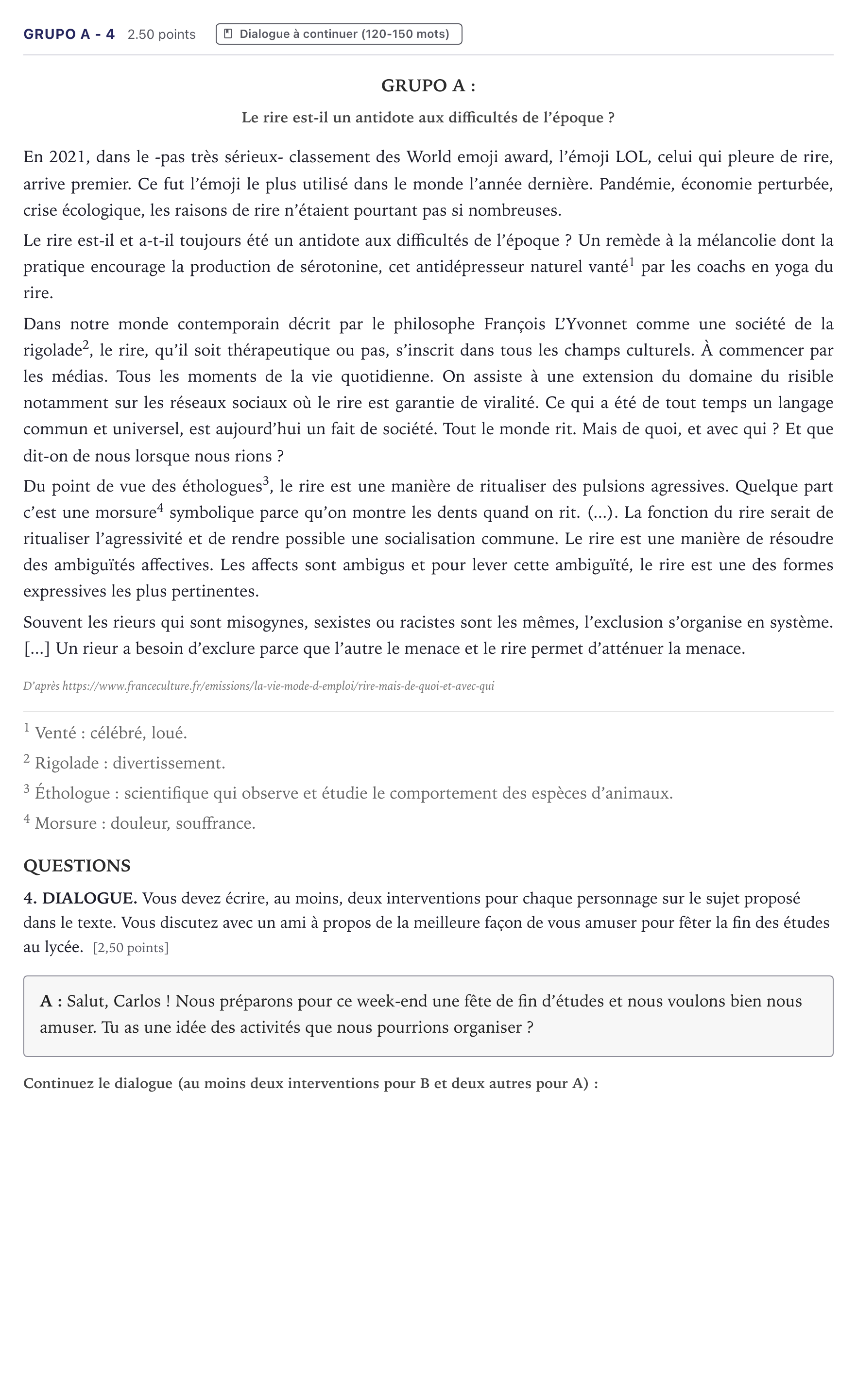 Enunciado: Ejercicio Grupo A - 4 · Francés PAU Canarias Junio (Humanidades) 2022
