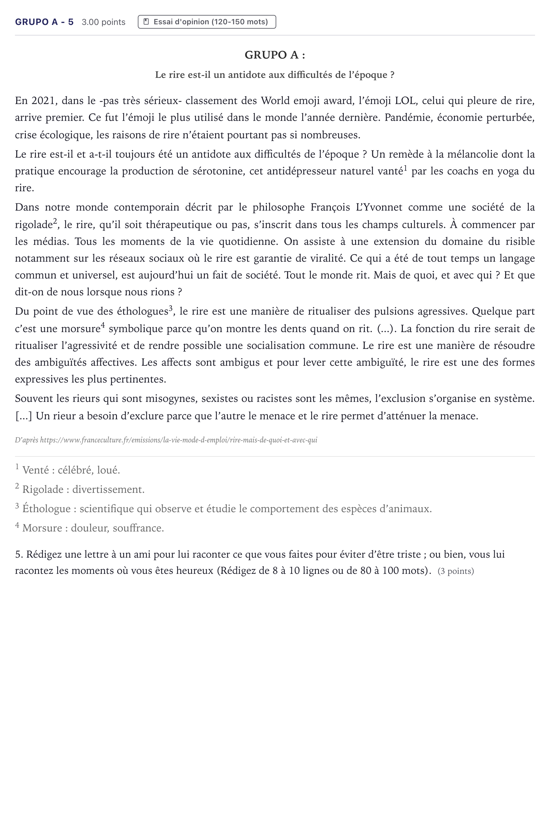 Enunciado: Ejercicio Grupo A - 5 · Francés PAU Canarias Junio (Humanidades) 2022