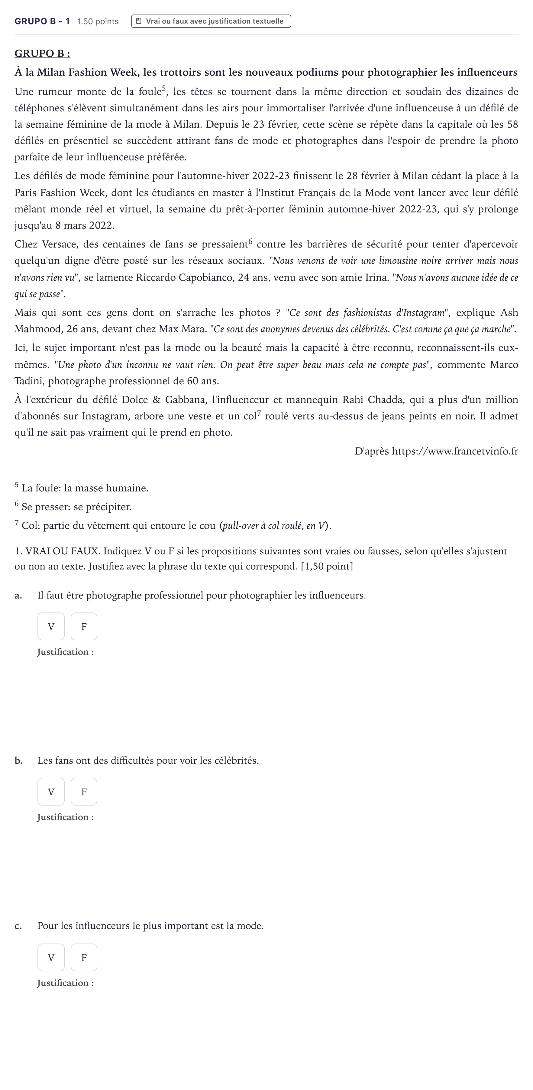 Enunciado: Ejercicio Grupo B - 1 · Francés PAU Canarias Junio (Humanidades) 2022