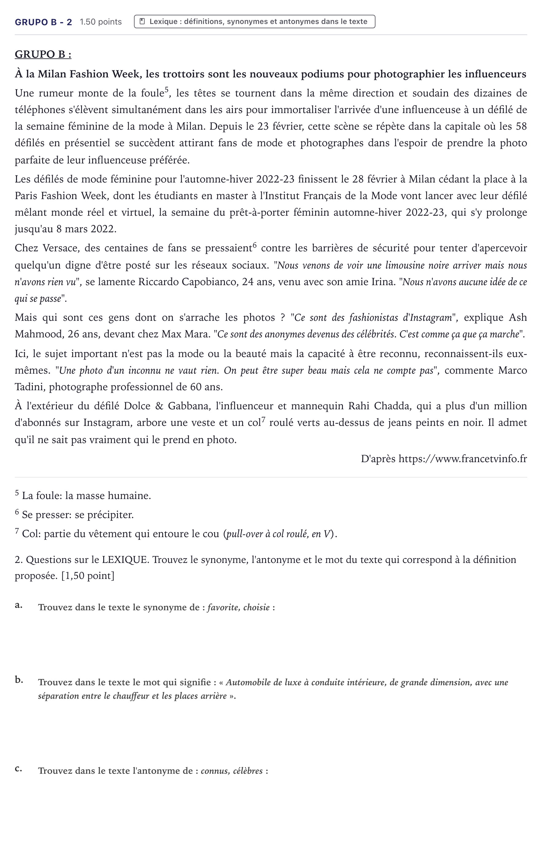 Enunciado: Ejercicio Grupo B - 2 · Francés PAU Canarias Junio (Humanidades) 2022