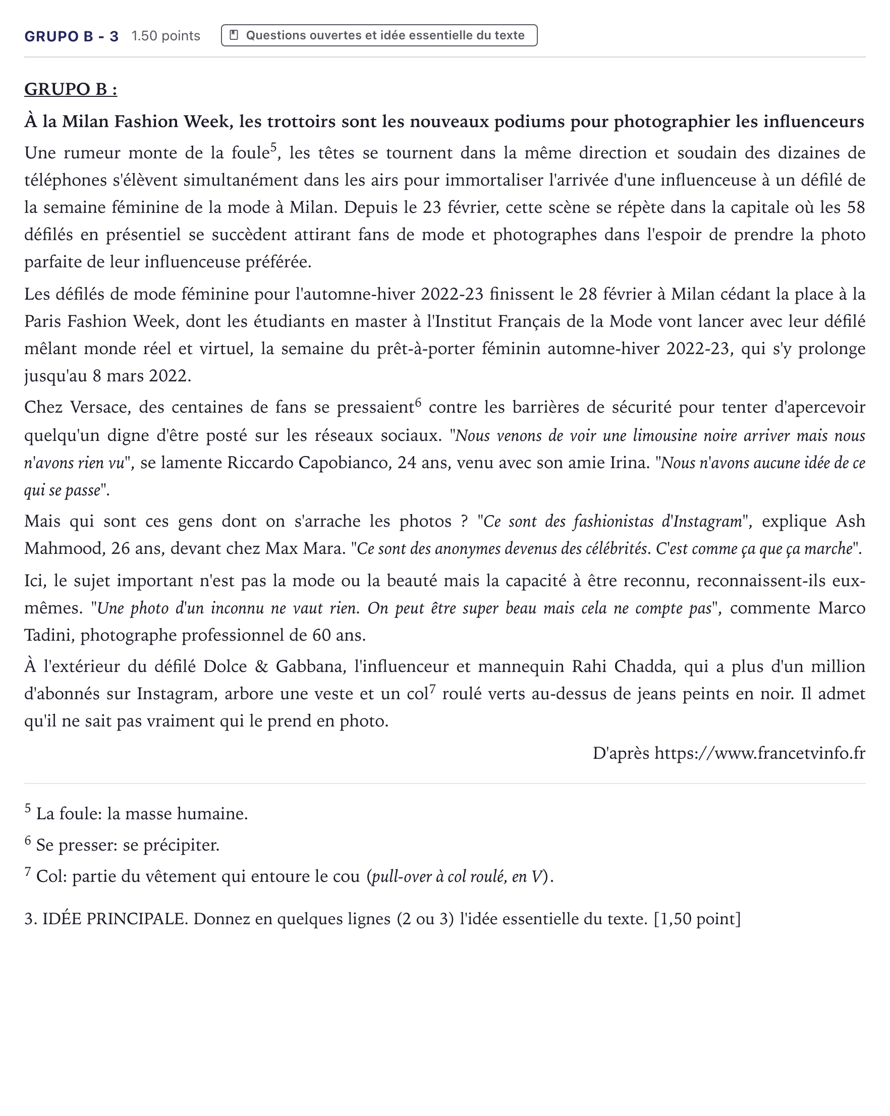 Enunciado: Ejercicio Grupo B - 3 · Francés PAU Canarias Junio (Humanidades) 2022