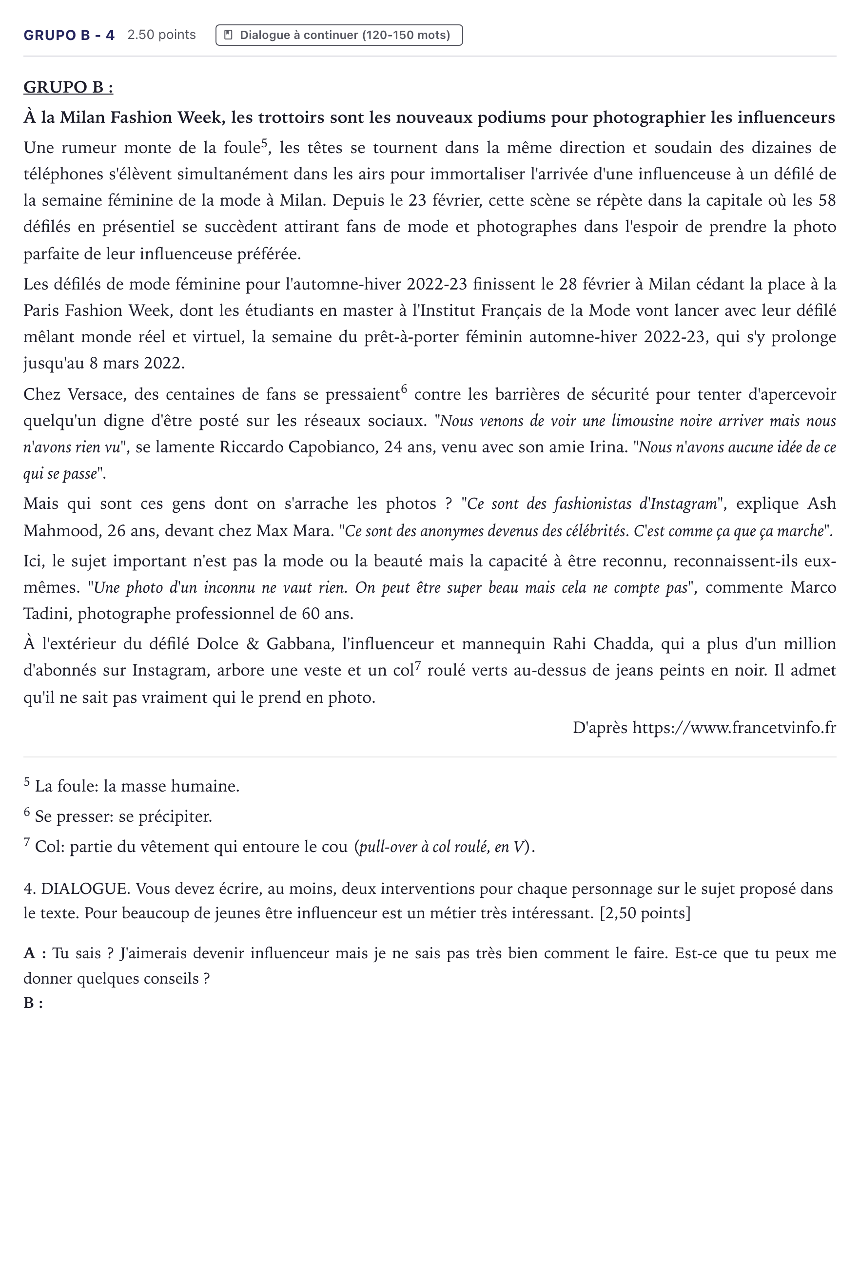 Enunciado: Ejercicio Grupo B - 4 · Francés PAU Canarias Junio (Humanidades) 2022