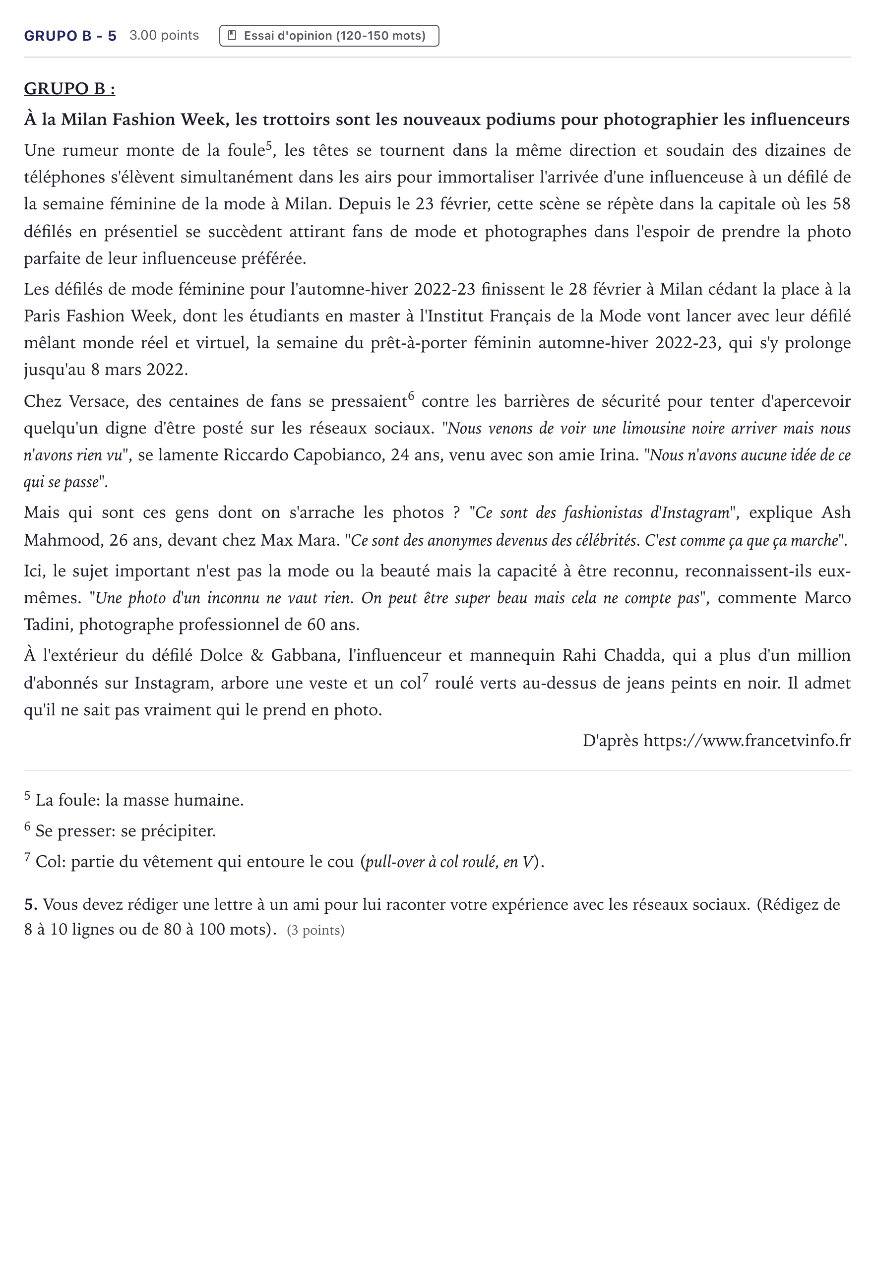 Enunciado: Ejercicio Grupo B - 5 · Francés PAU Canarias Junio (Humanidades) 2022