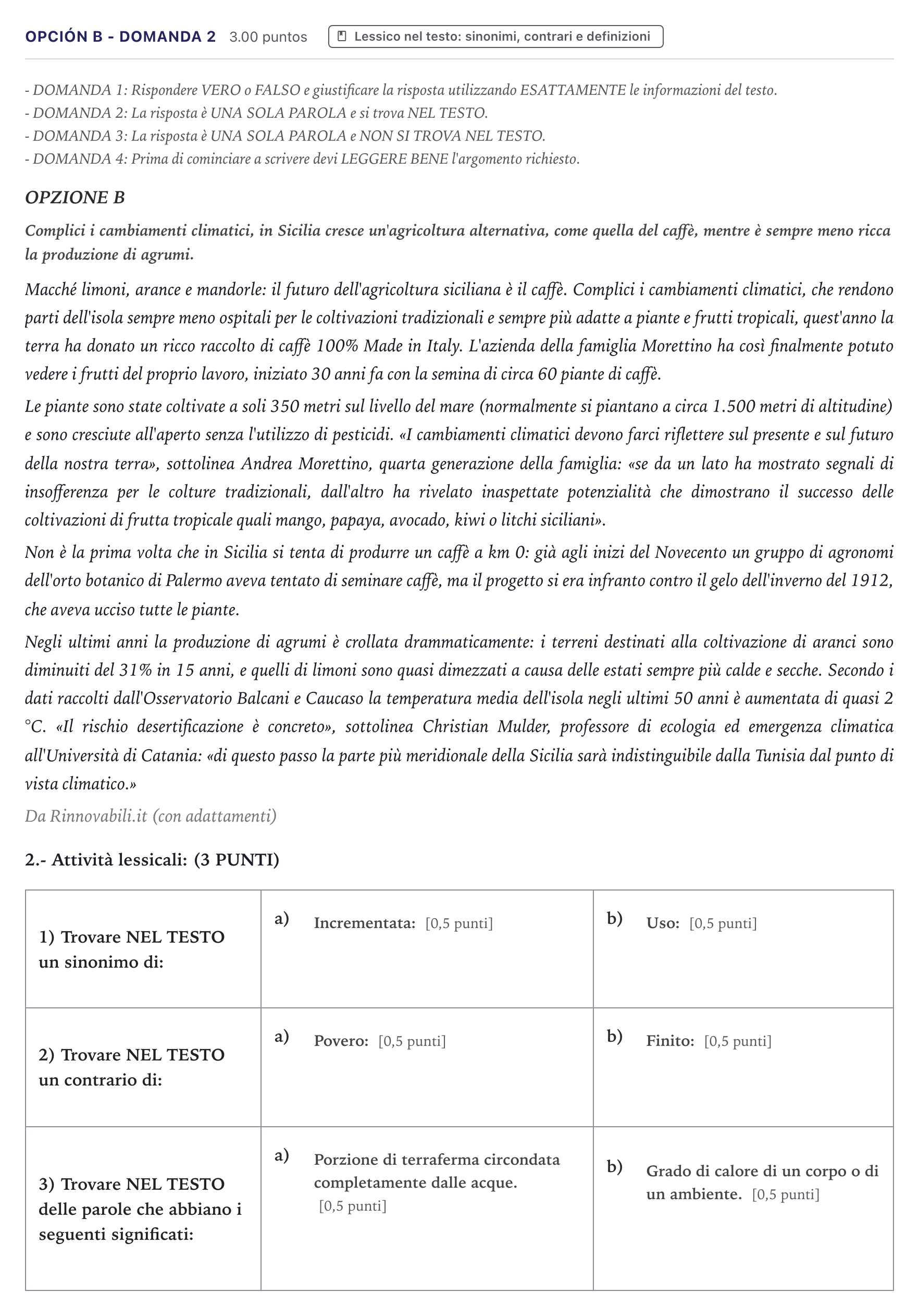 Enunciado: Opción B - Domanda 2 · Italiano PAU Canarias Junio (Ciencias) 2022