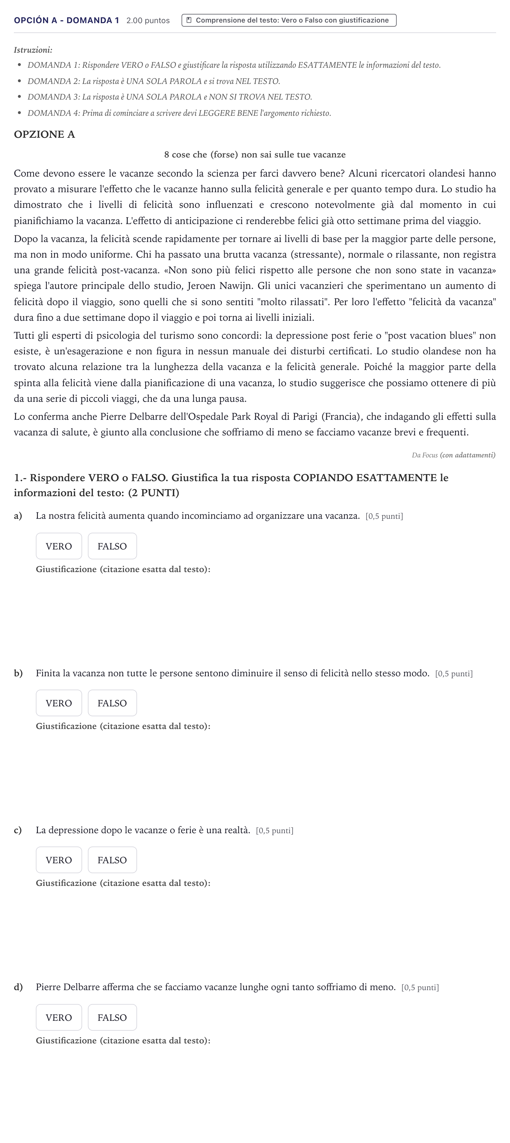 Enunciado: Opción A - Domanda 1 · Italiano PAU Canarias Junio (Humanidades) 2022