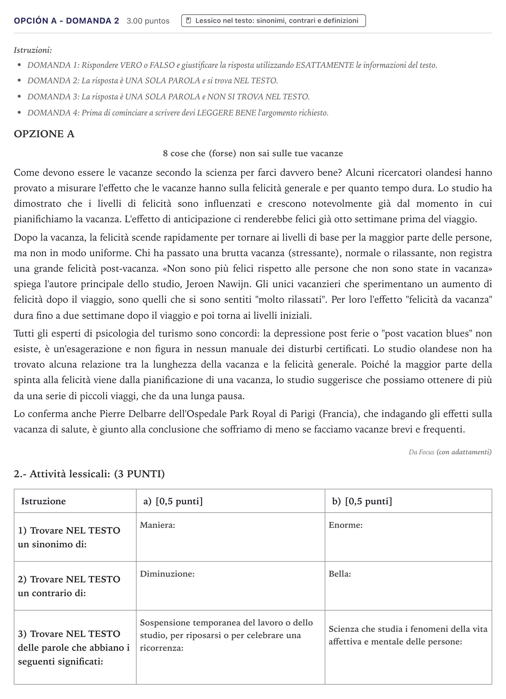 Enunciado: Opción A - Domanda 2 · Italiano PAU Canarias Junio (Humanidades) 2022