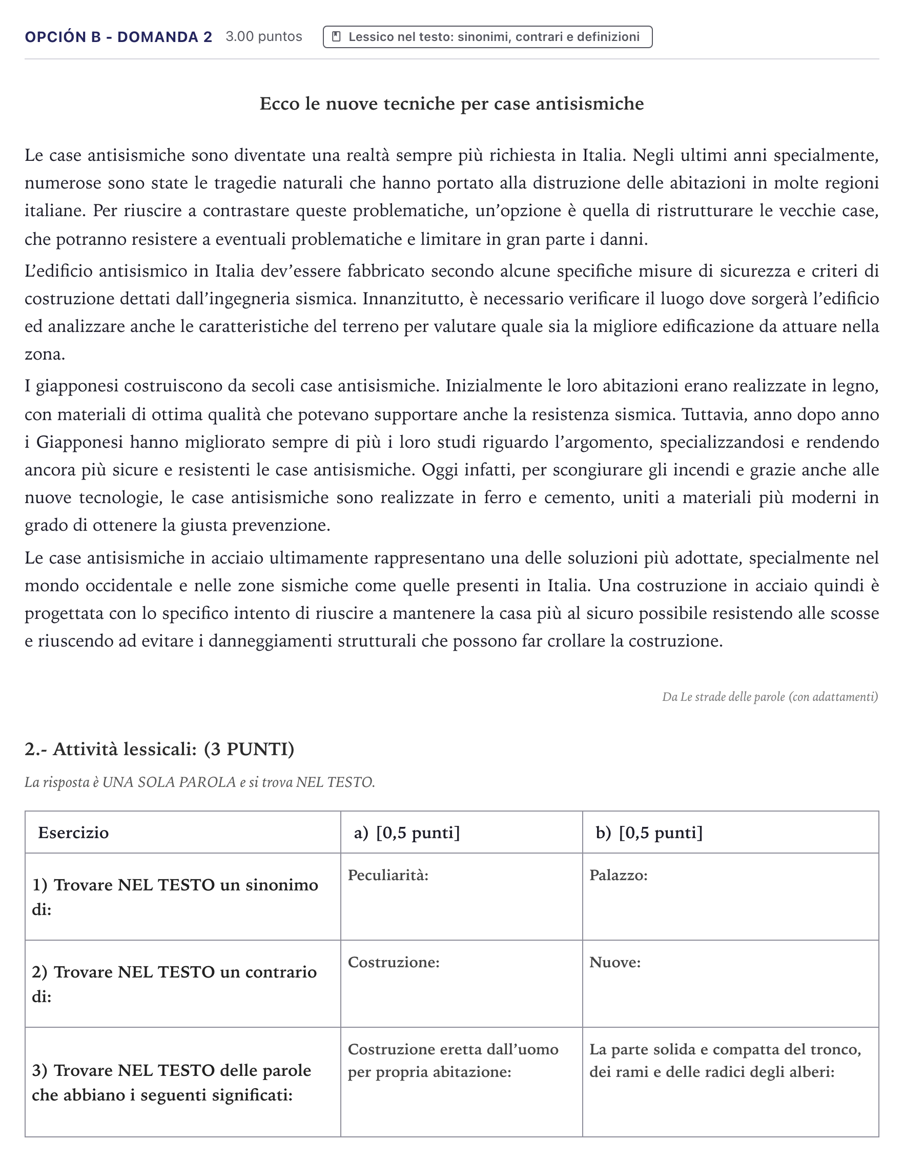 Enunciado: Opción B - Domanda 2 · Italiano PAU Canarias Junio (Humanidades) 2022