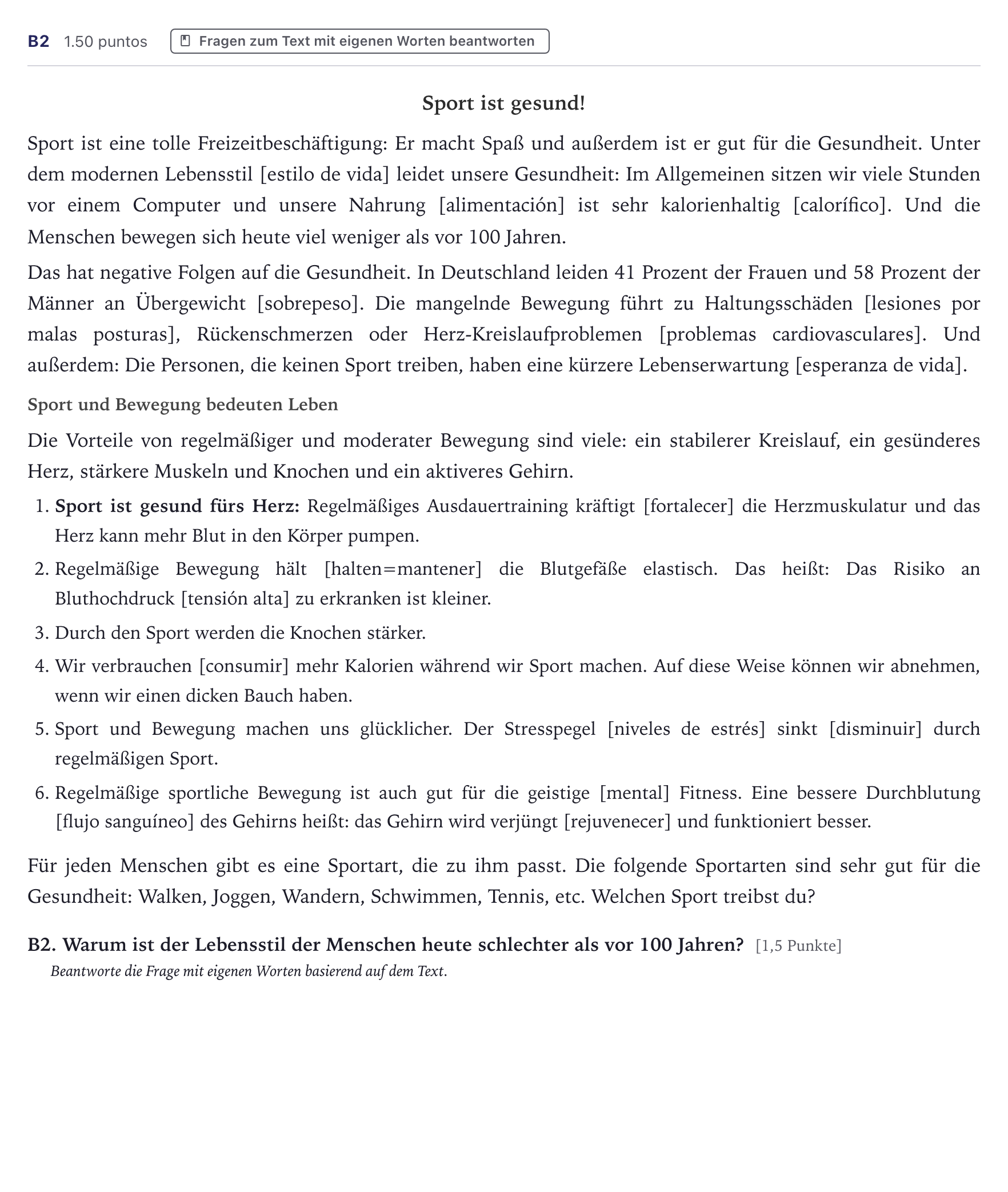 Enunciado: Ejercicio B2 · Alemán PAU Canarias Junio (Humanidades) 2022