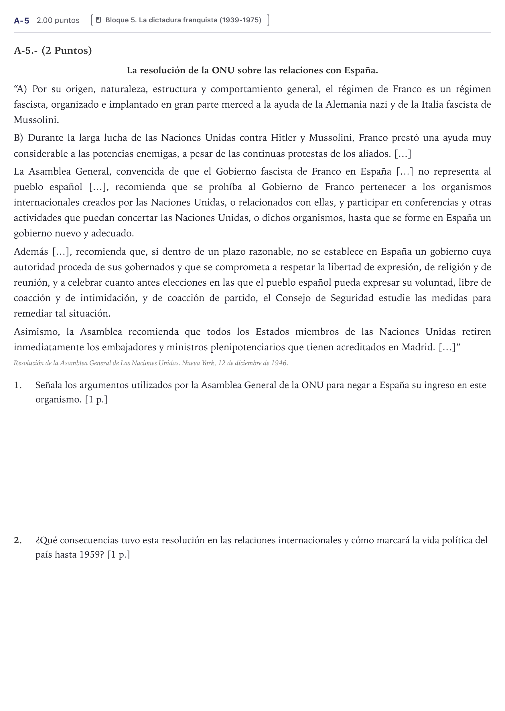 Enunciado: Ejercicio A-5 · Historia de España PAU Canarias Junio (Ciencias) 2022